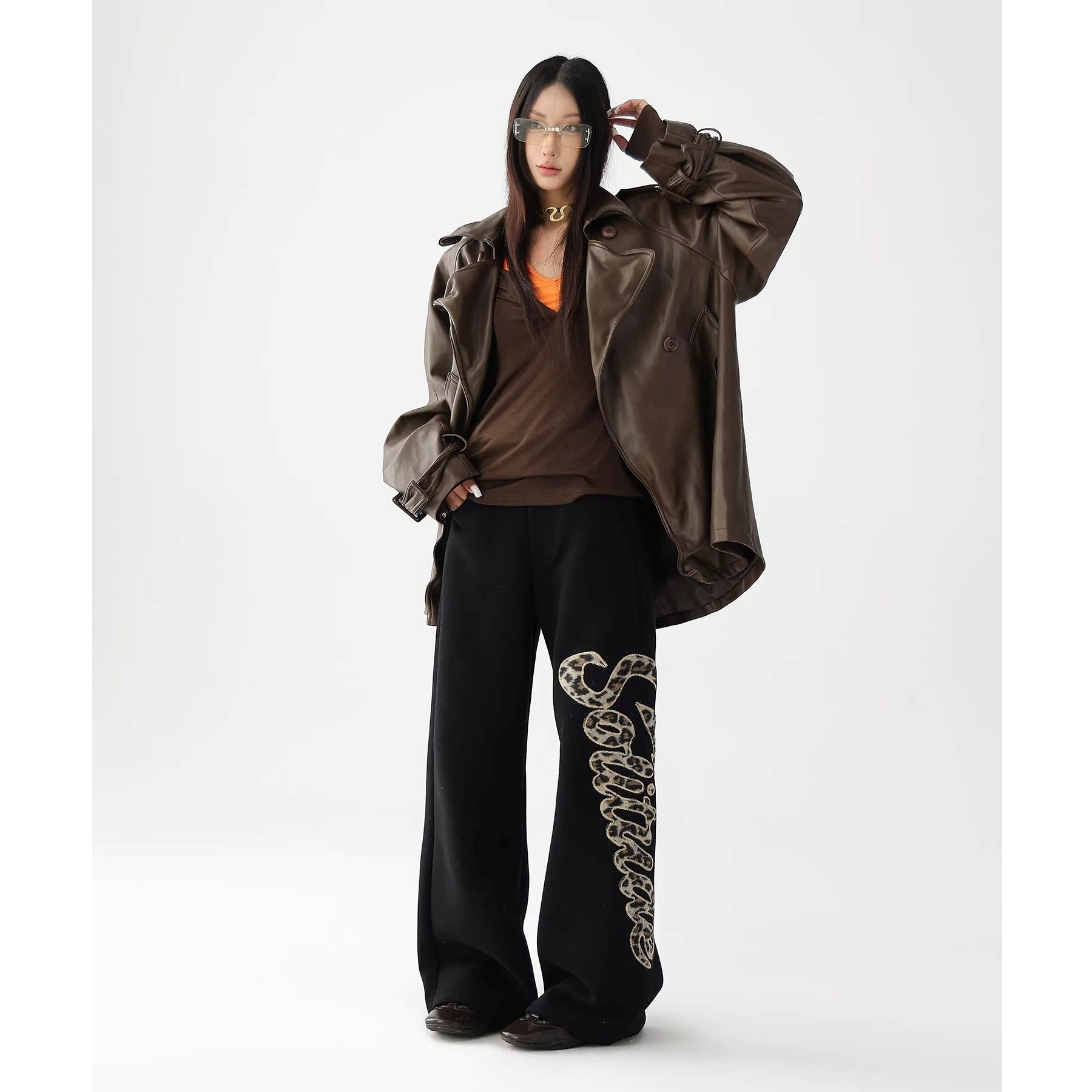 Leopard Print Embroidered Straight Loose Sweat Pants AC7022