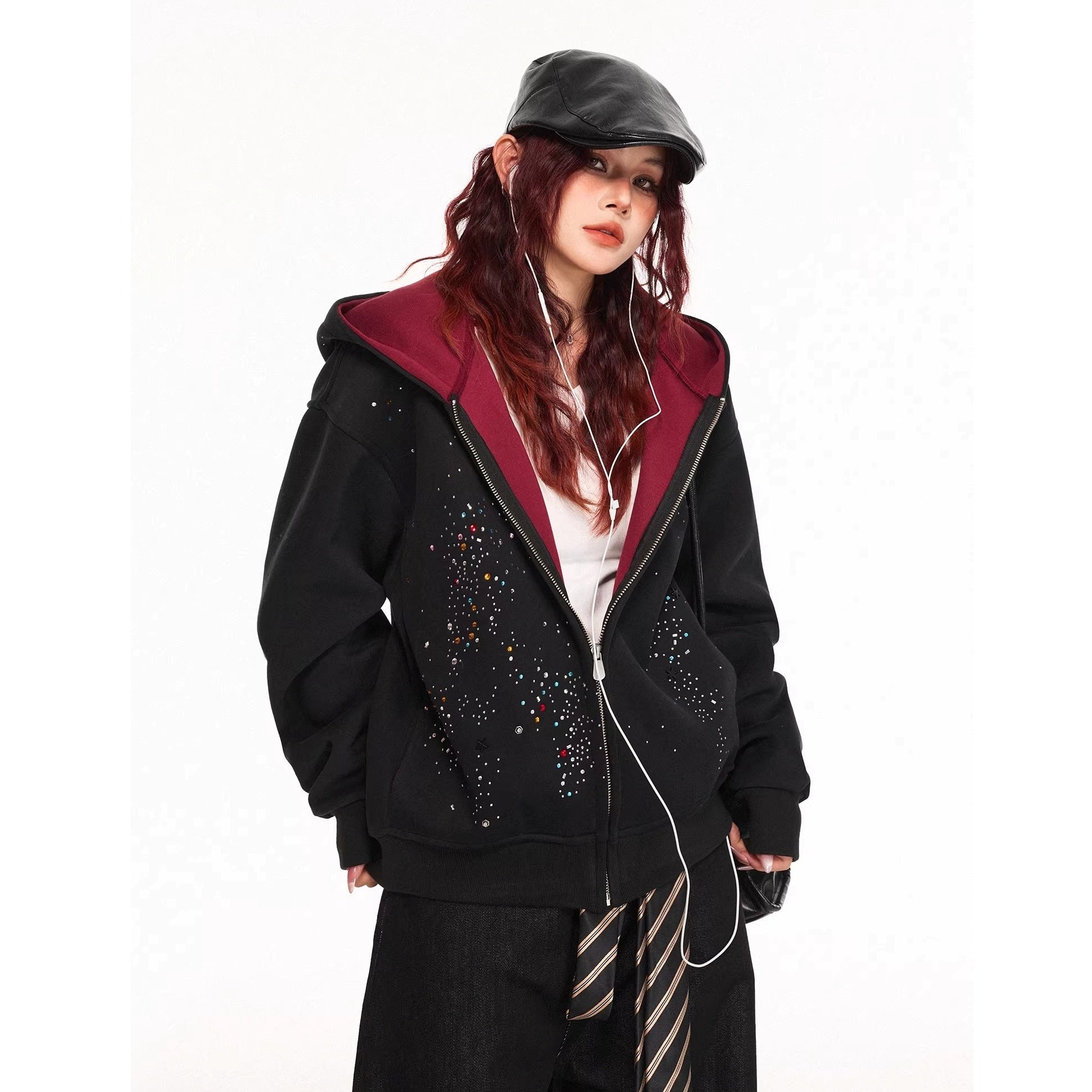 Rhinestone Design Zip Sweat Hoodie Jacket MW10314