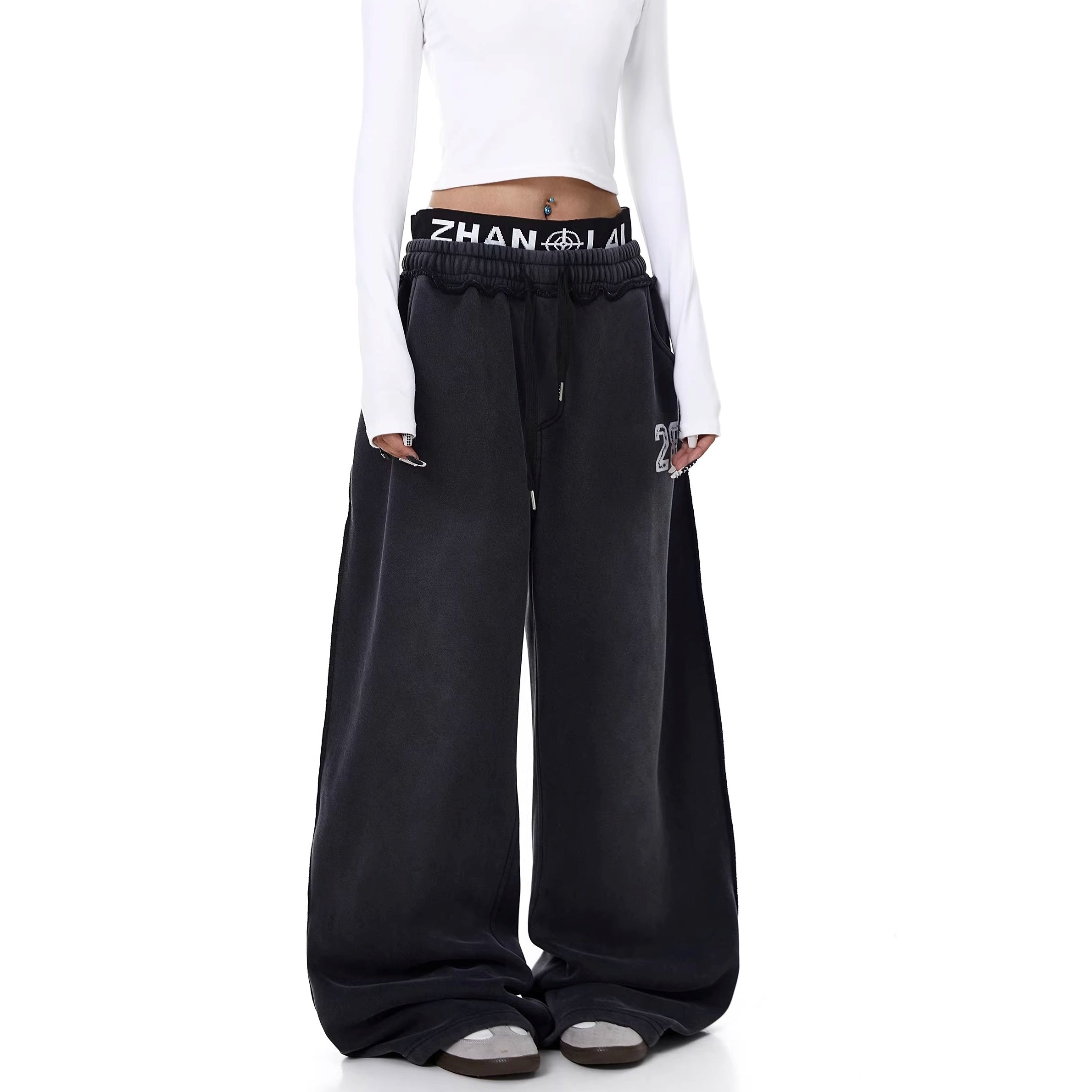 Washed Double Waist Letter Print Sweat Pants BK7069