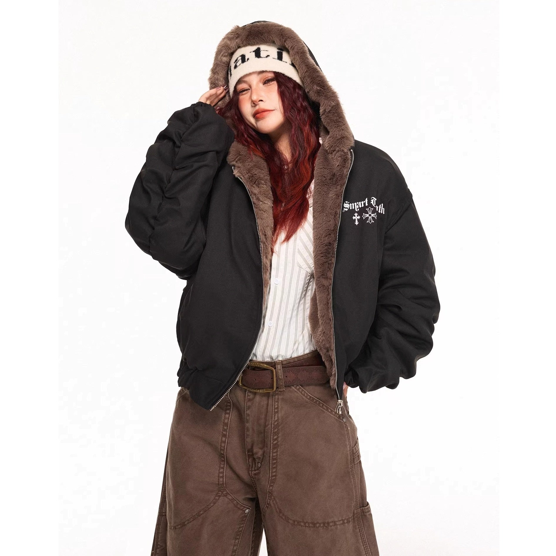 Reversible Cross Print Fur Hooded Jacket MW10315