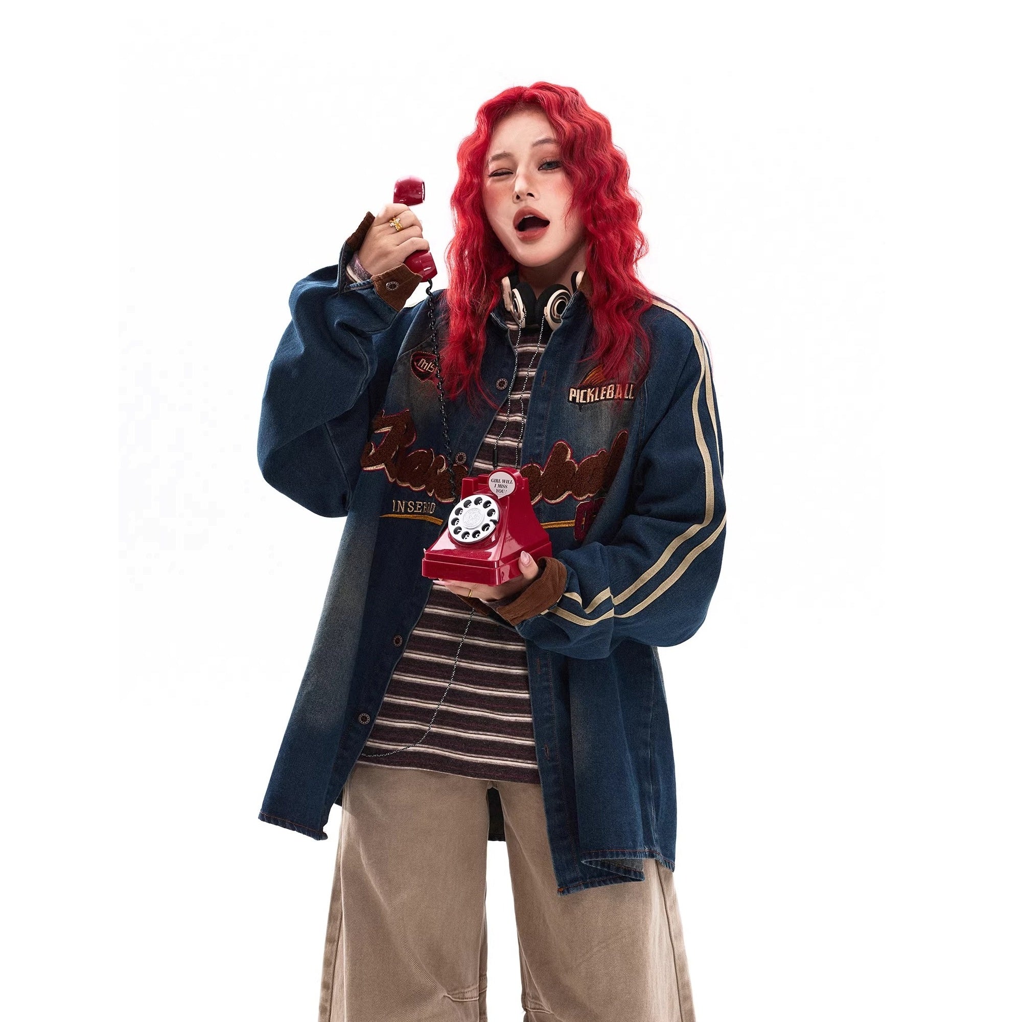 Flocking Letter Embroidery Washed Denim Shirt MW10317