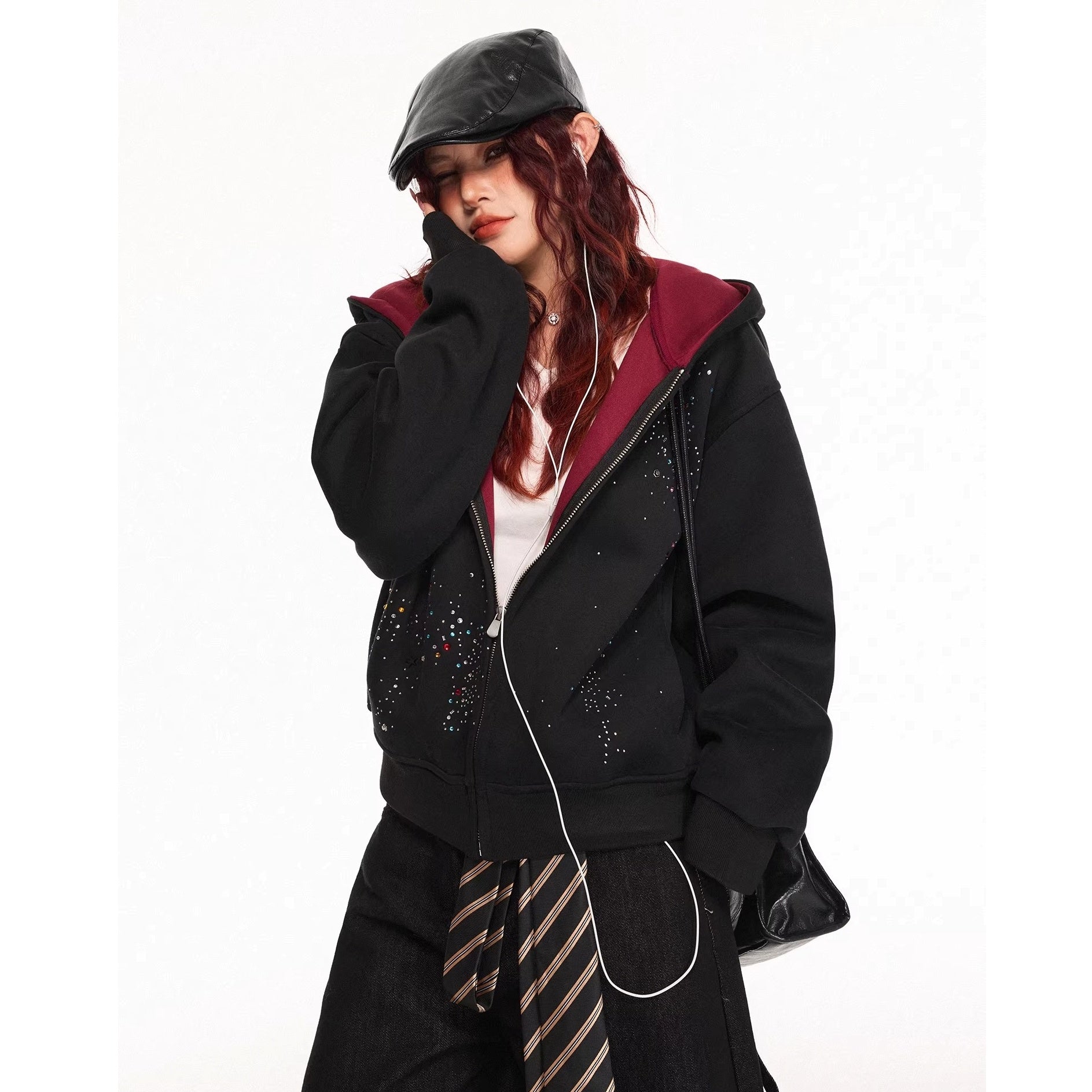 Rhinestone Design Zip Sweat Hoodie Jacket MW10314