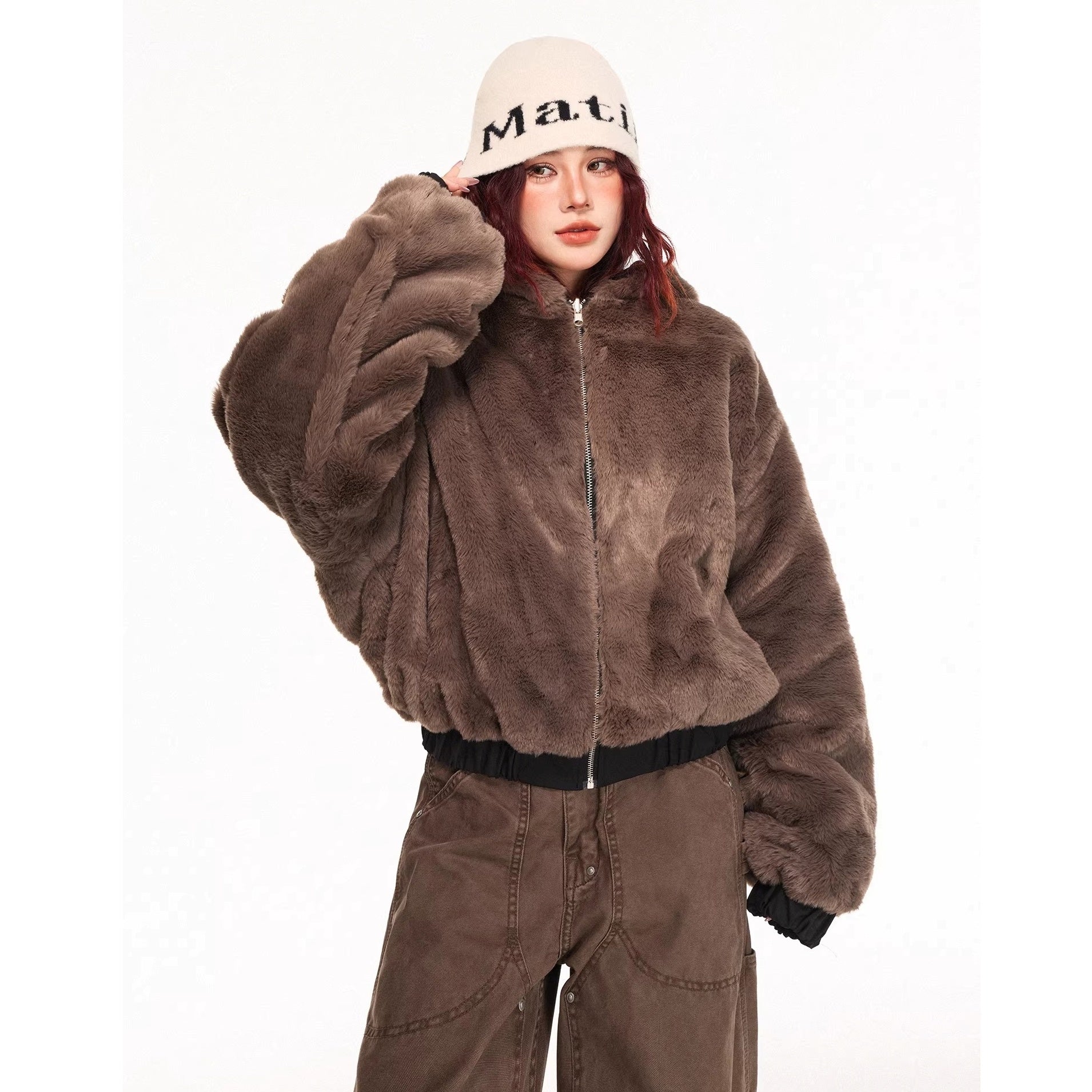 Reversible Cross Print Fur Hooded Jacket MW10315