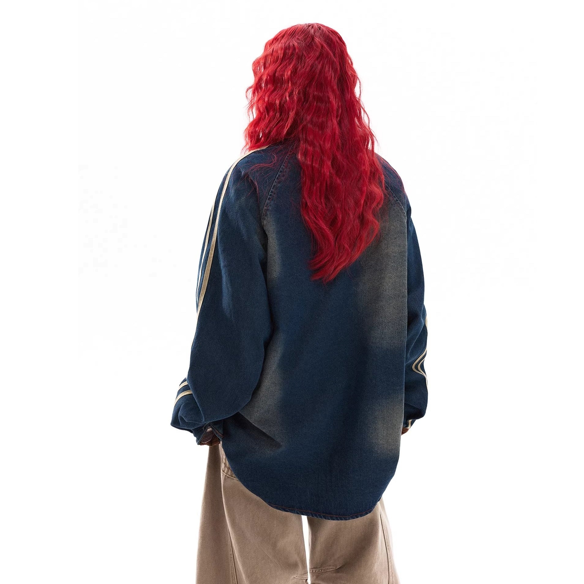 Flocking Letter Embroidery Washed Denim Shirt MW10317