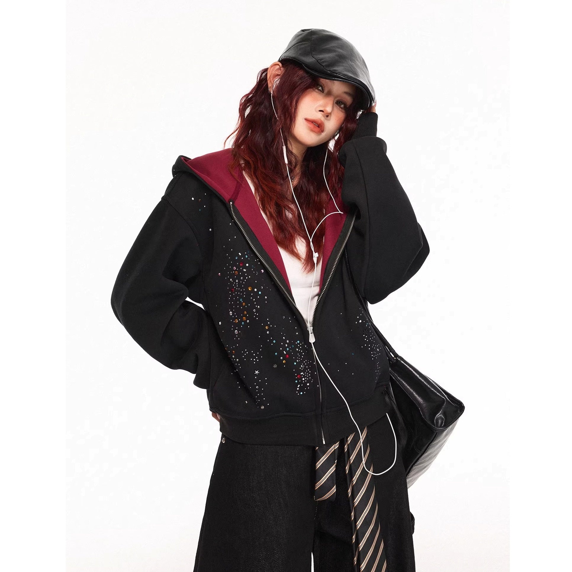 Rhinestone Design Zip Sweat Hoodie Jacket MW10314