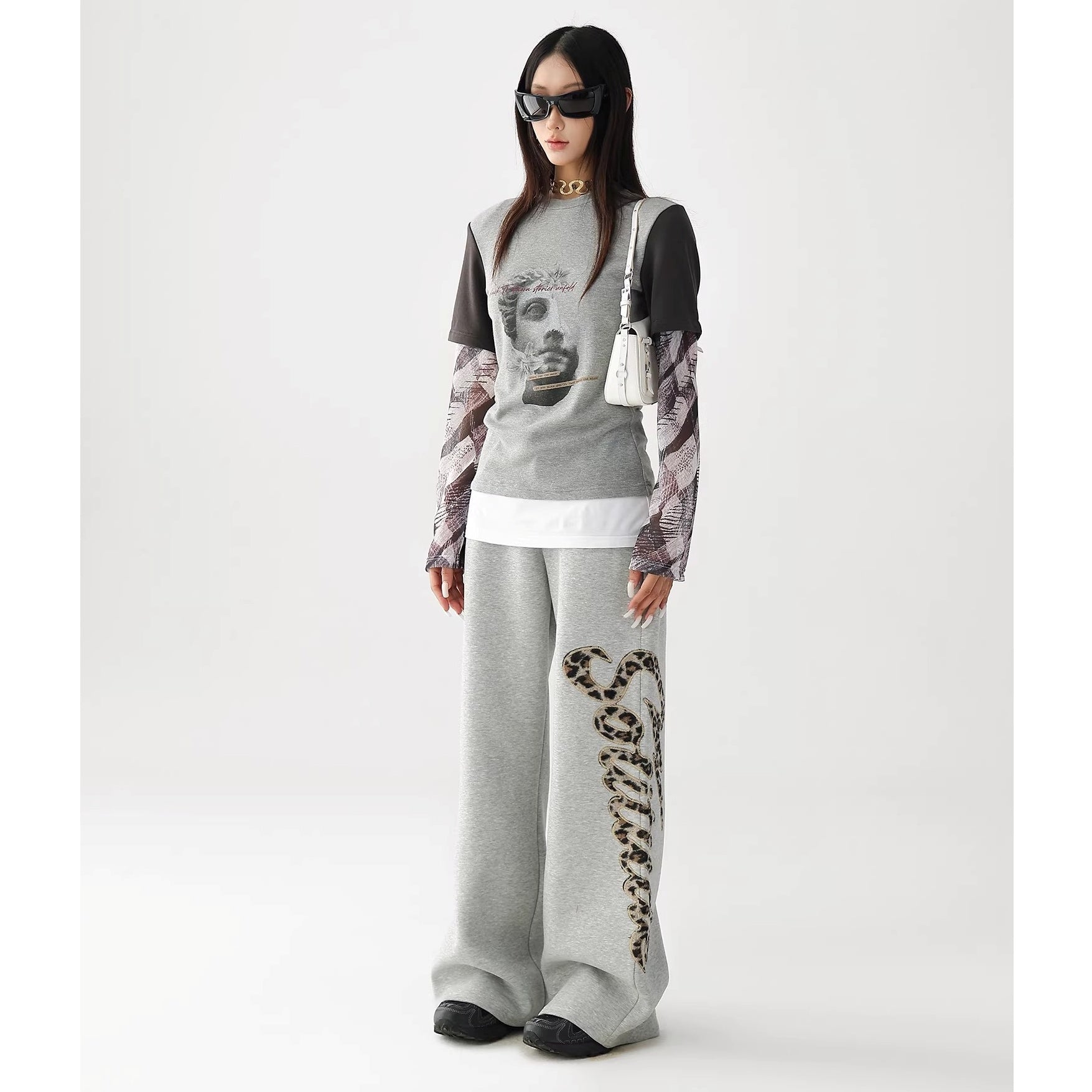 Leopard Print Embroidered Straight Loose Sweat Pants AC7022