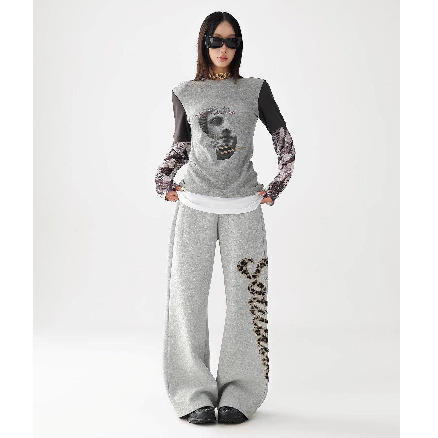 Leopard Print Embroidered Straight Loose Sweat Pants AC7022