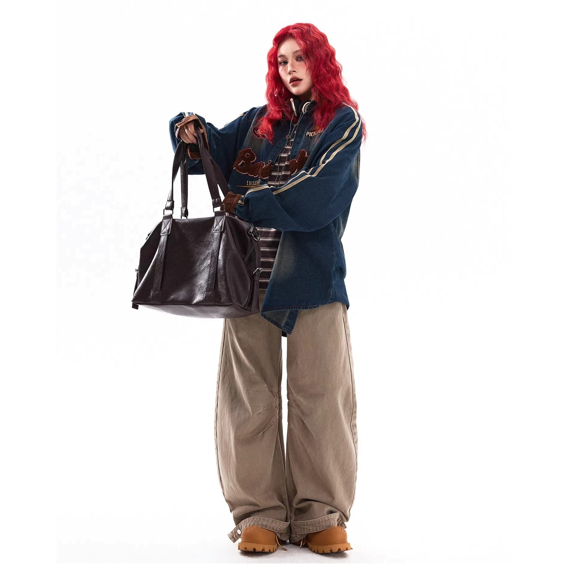 Flocking Letter Embroidery Washed Denim Shirt MW10317