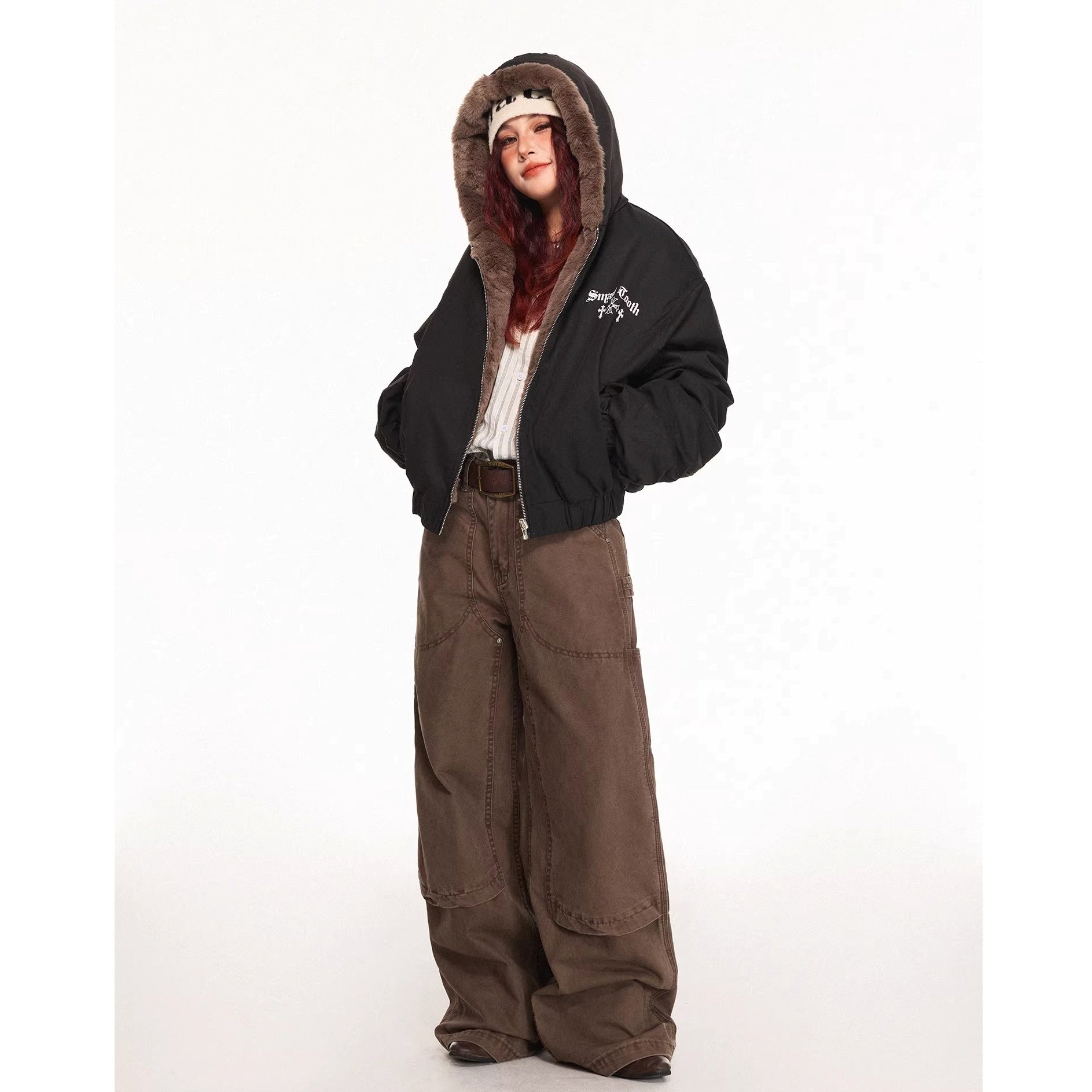 Reversible Cross Print Fur Hooded Jacket MW10315