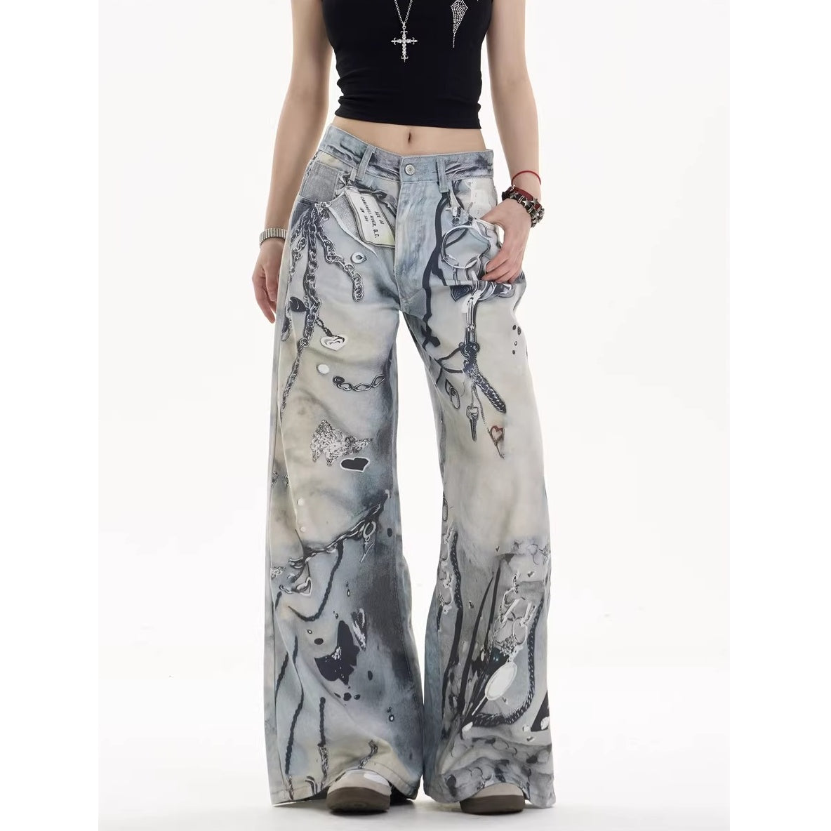 Chain Tag Graffiti Printed Washed Wide-leg Jeans MW10308