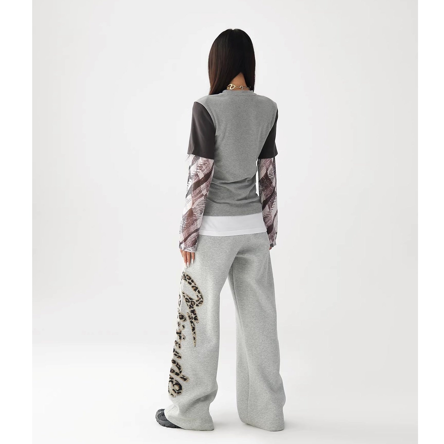 Leopard Print Embroidered Straight Loose Sweat Pants AC7022