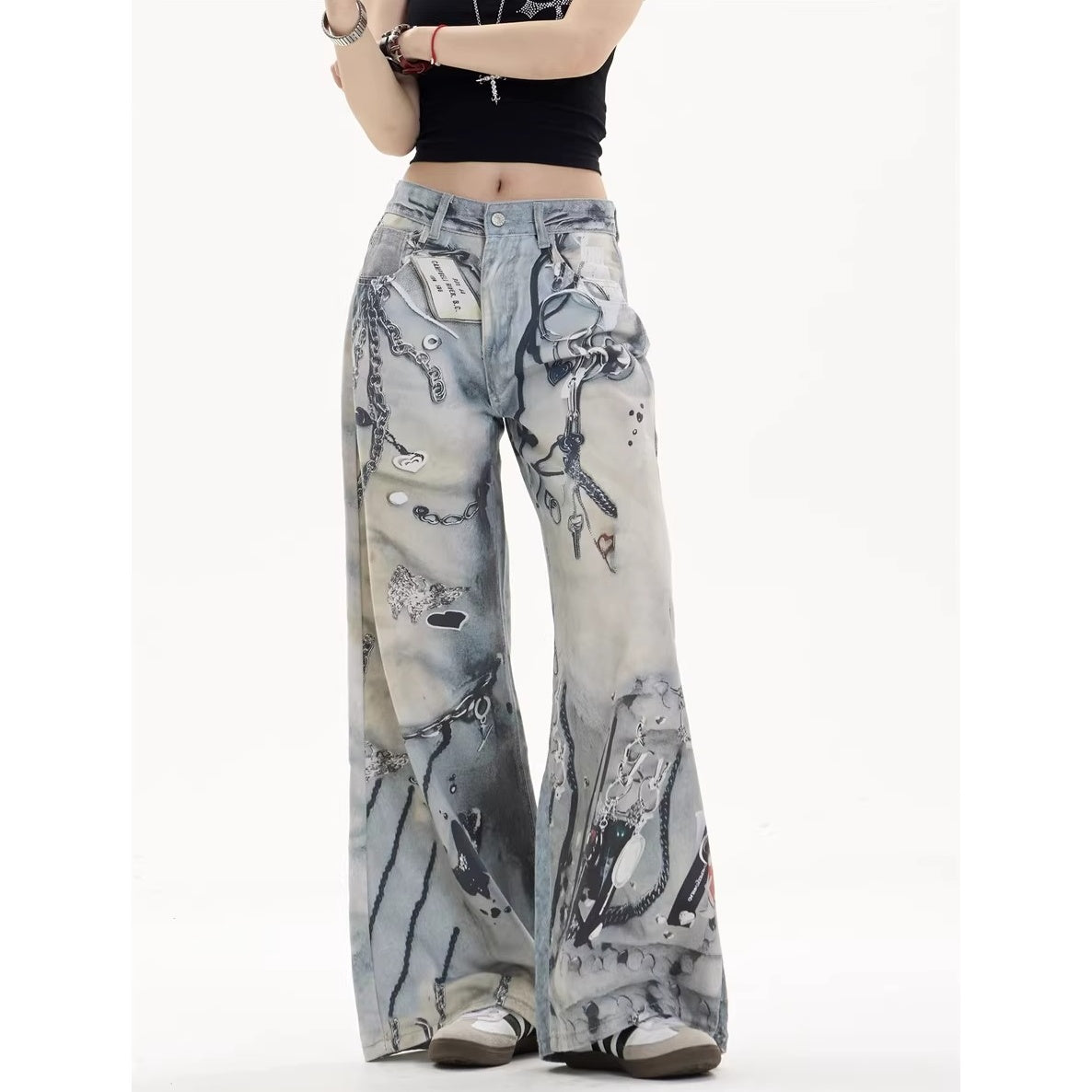 Chain Tag Graffiti Printed Washed Wide-leg Jeans MW10308