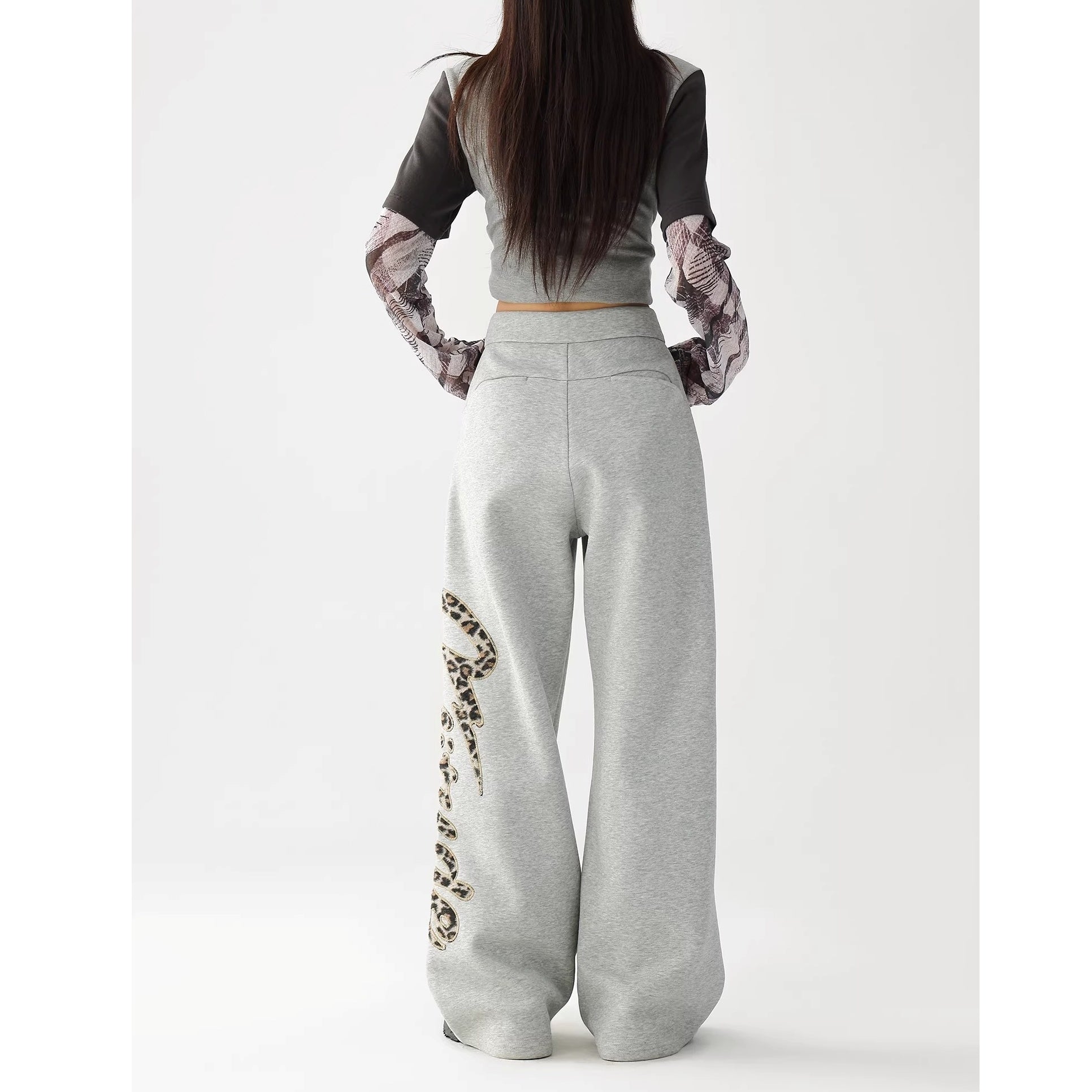 Leopard Print Embroidered Straight Loose Sweat Pants AC7022