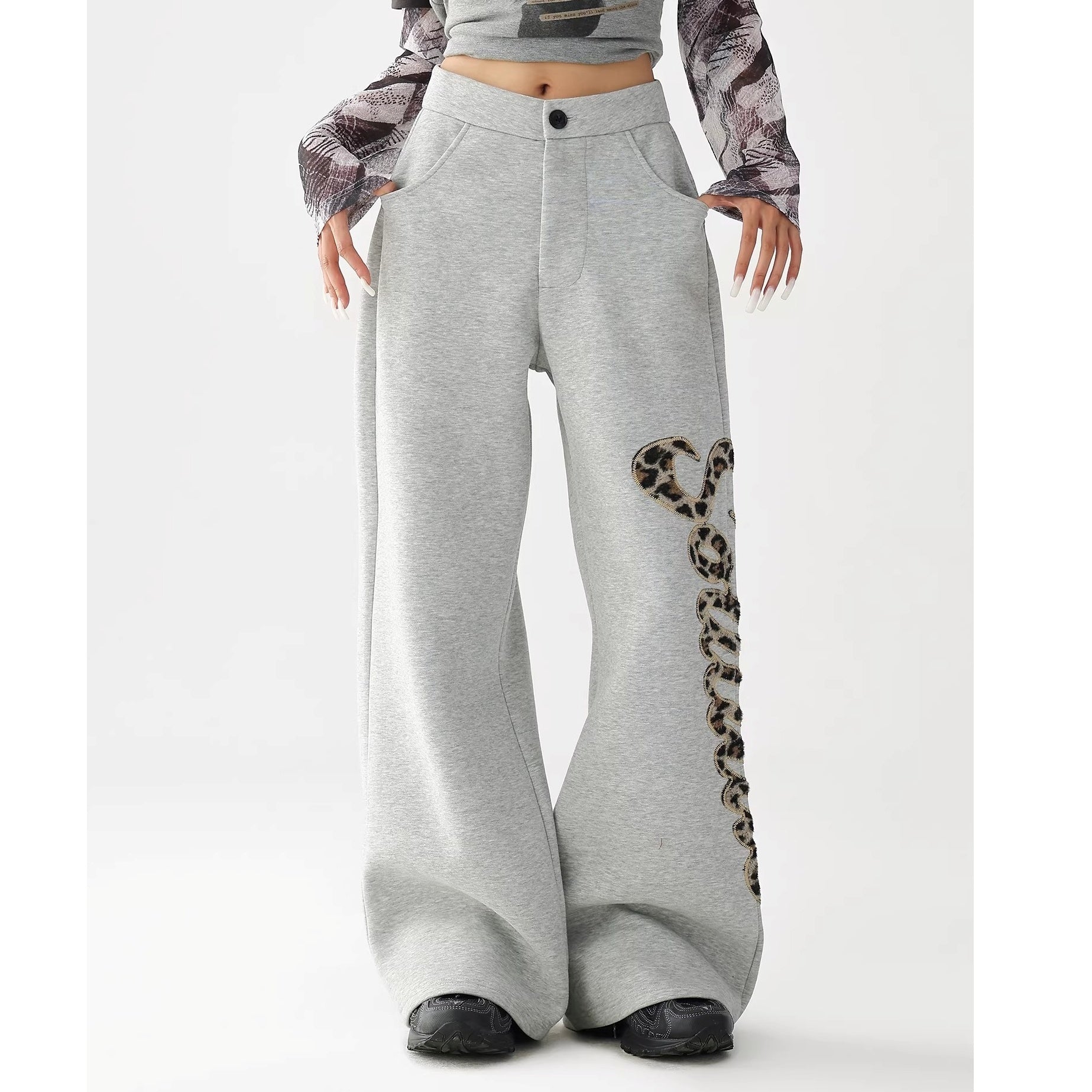 Leopard Print Embroidered Straight Loose Sweat Pants AC7022