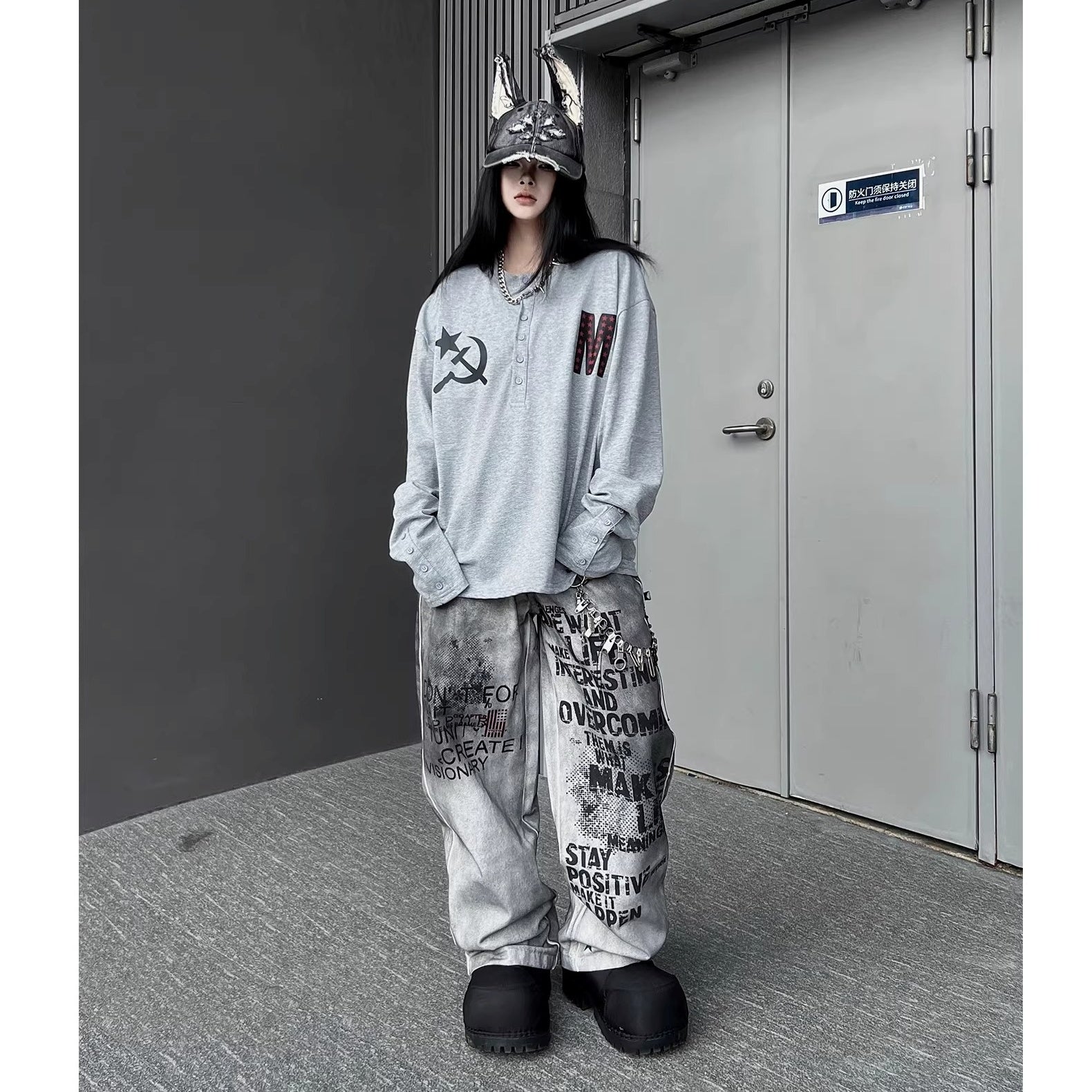 Stained Letter Star Graffiti Print Wide-leg Pants MW10355