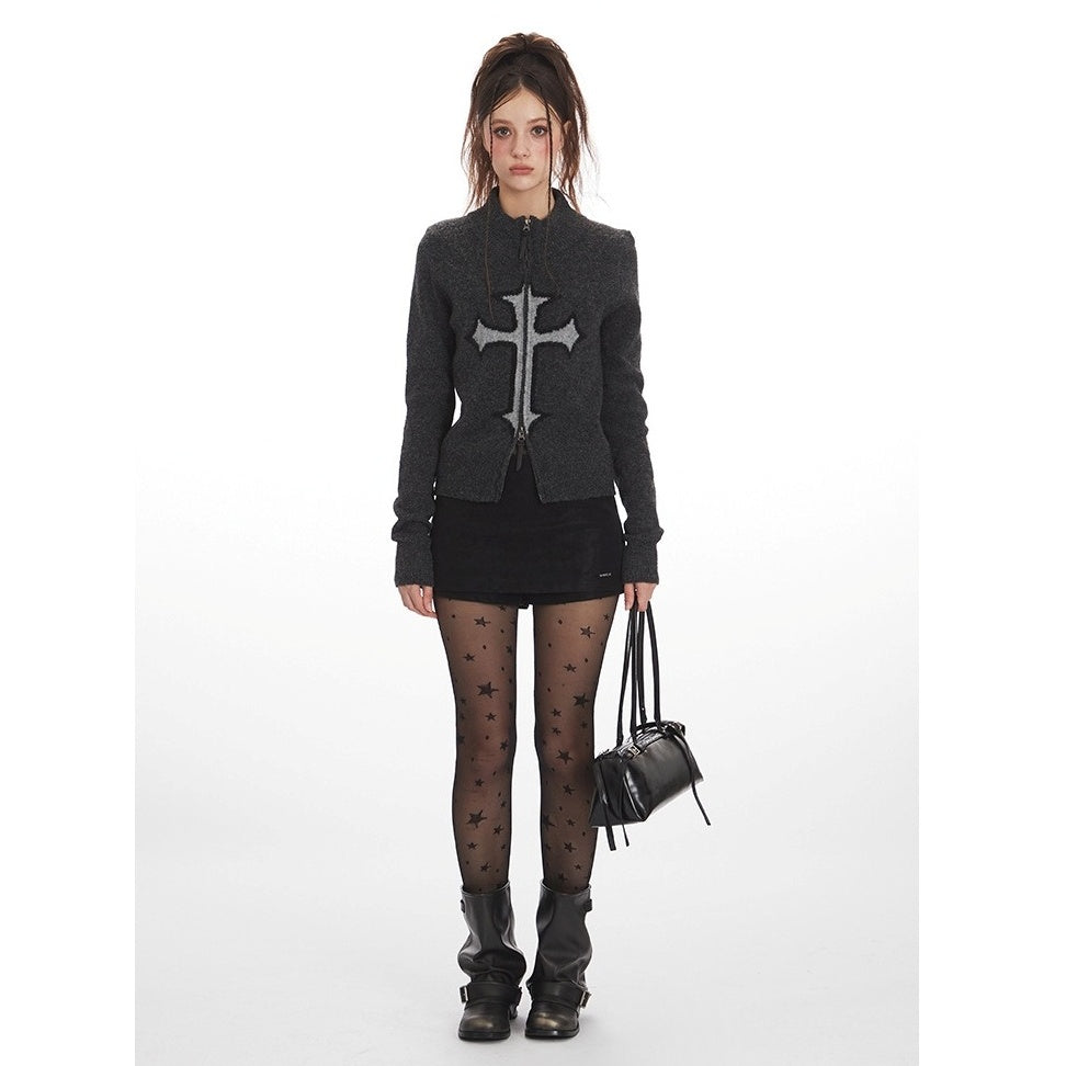 Cross Jacquard Short Knit Zip Cardigan NR7011