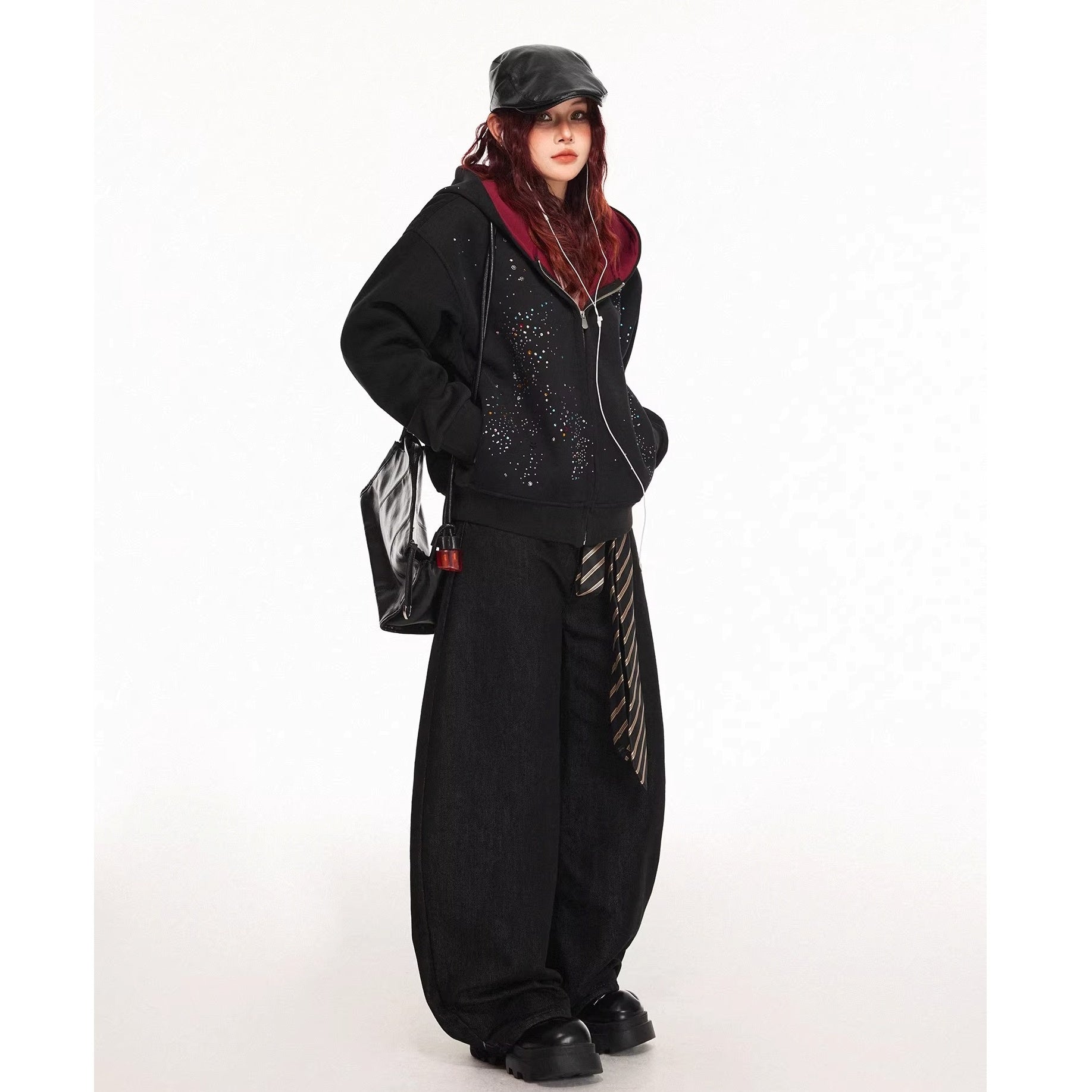 Rhinestone Design Zip Sweat Hoodie Jacket MW10314