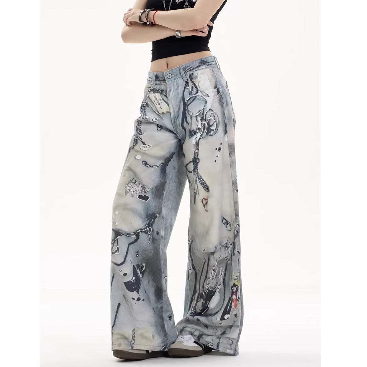 Chain Tag Graffiti Printed Washed Wide-leg Jeans MW10308