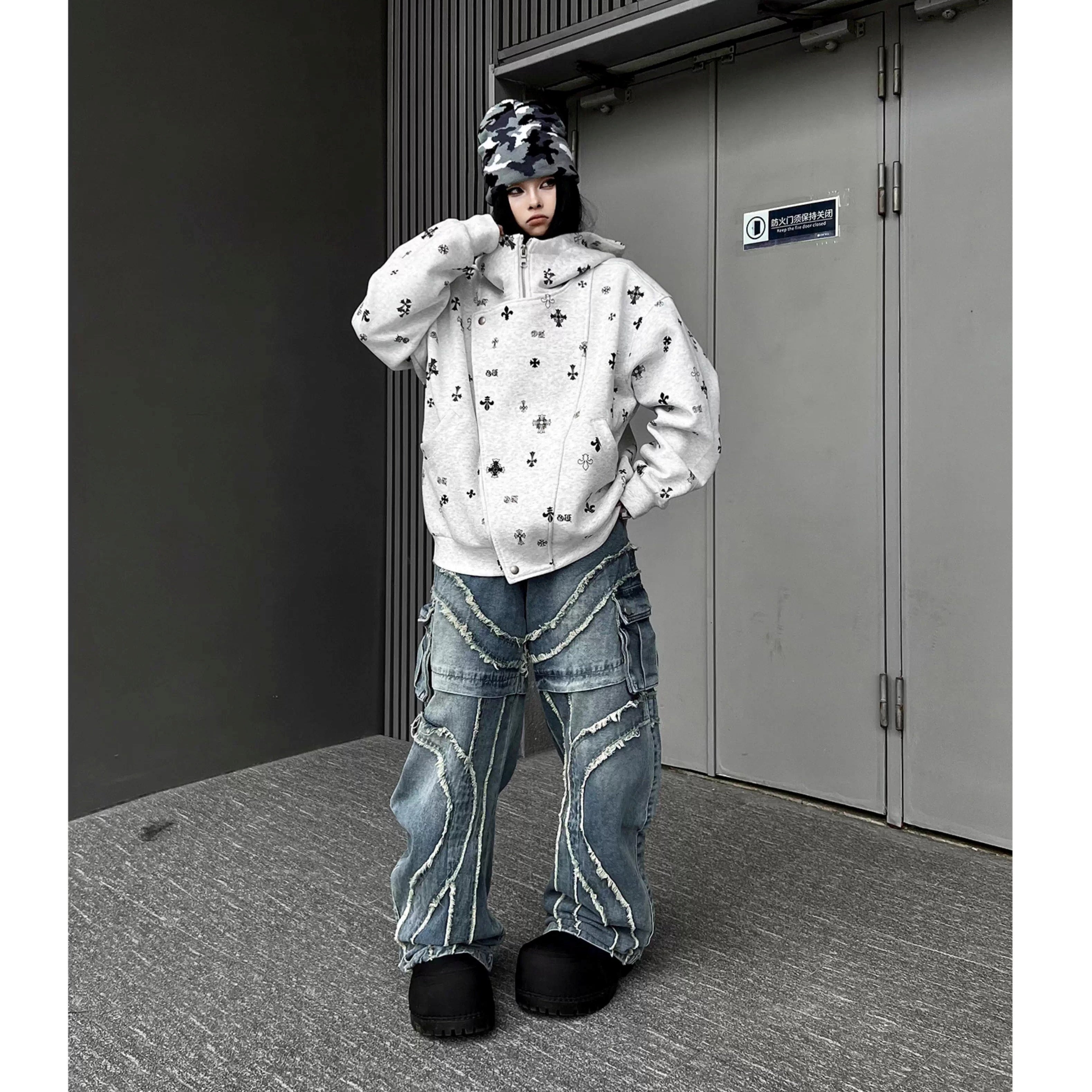 Washed Raw Edge Spliced Curve Jeans MW10351