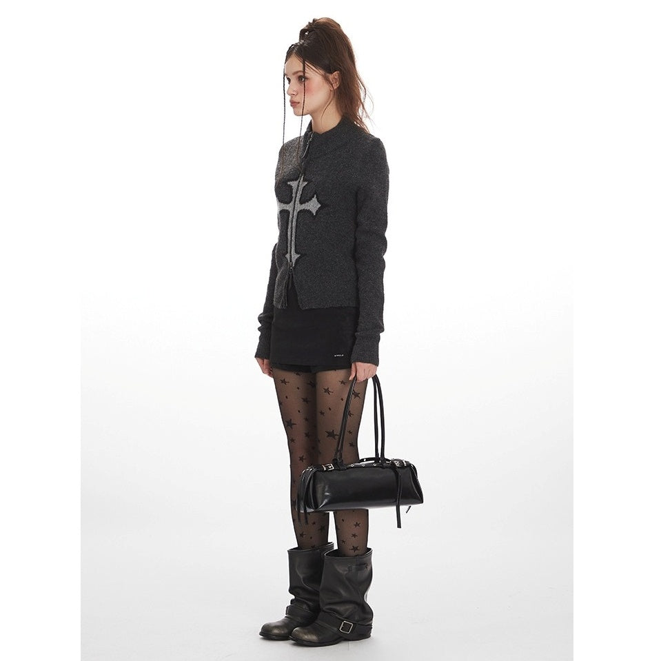 Cross Jacquard Short Knit Zip Cardigan NR7011