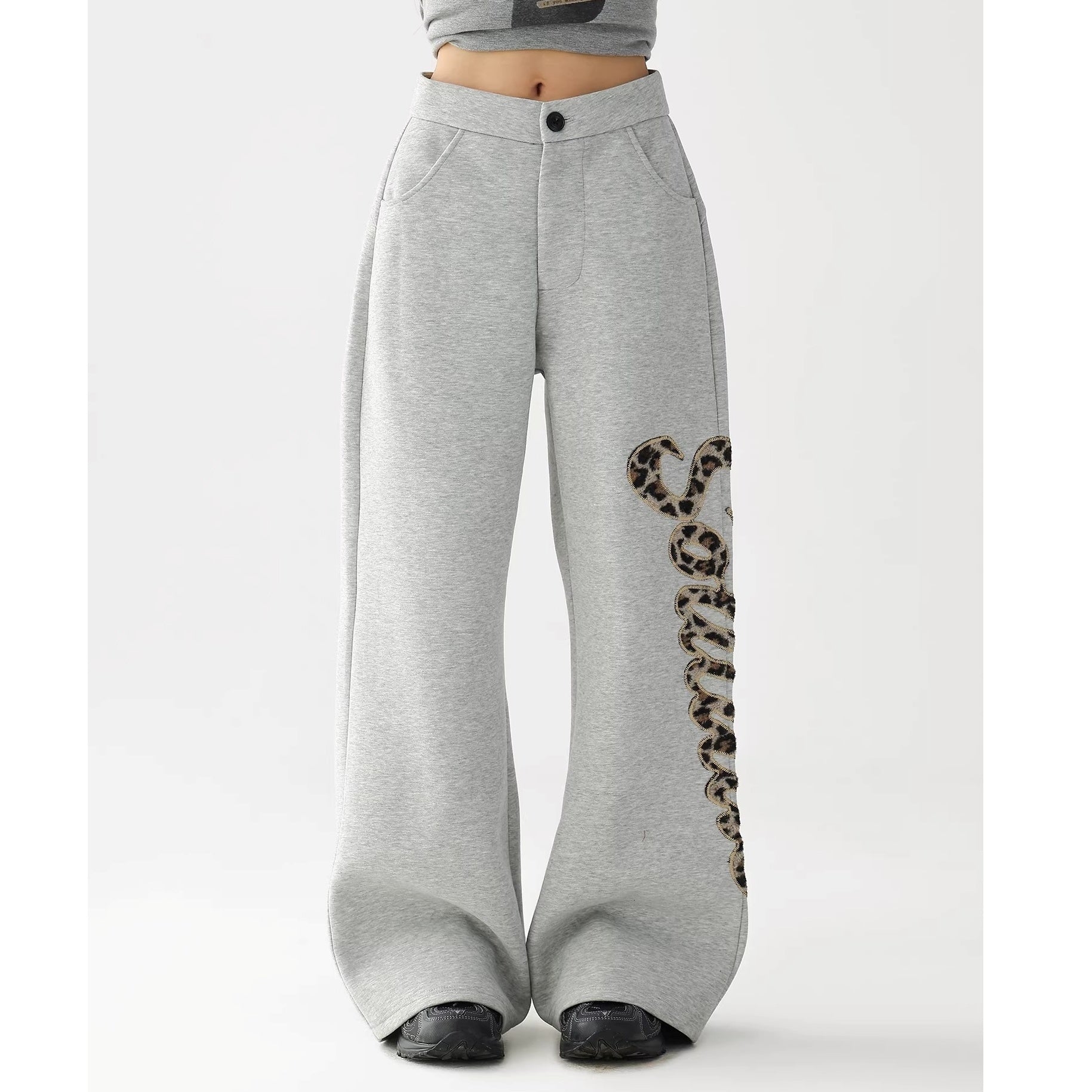 Leopard Print Embroidered Straight Loose Sweat Pants AC7022