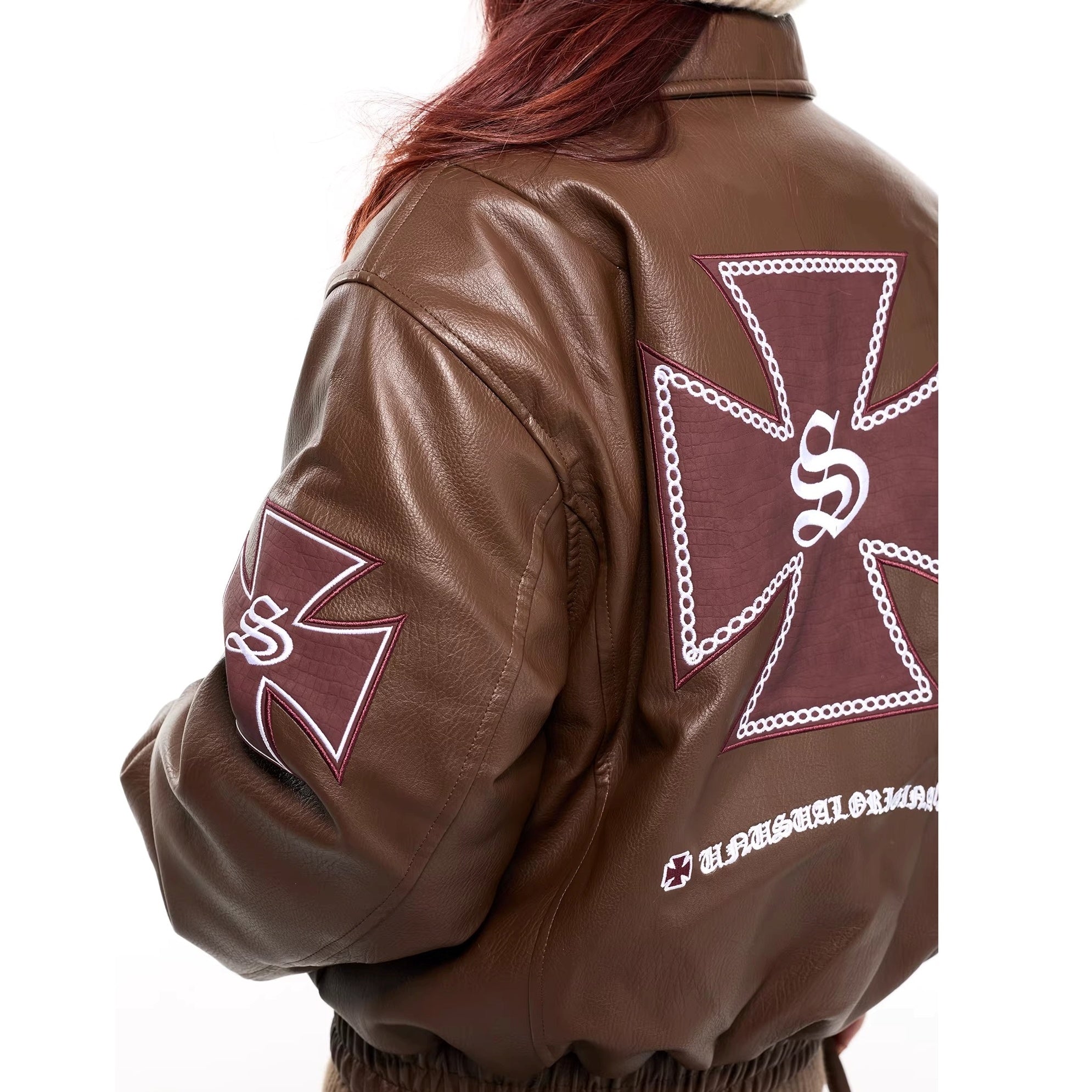 Cross Embroidery PU Leather Jacket MW10307