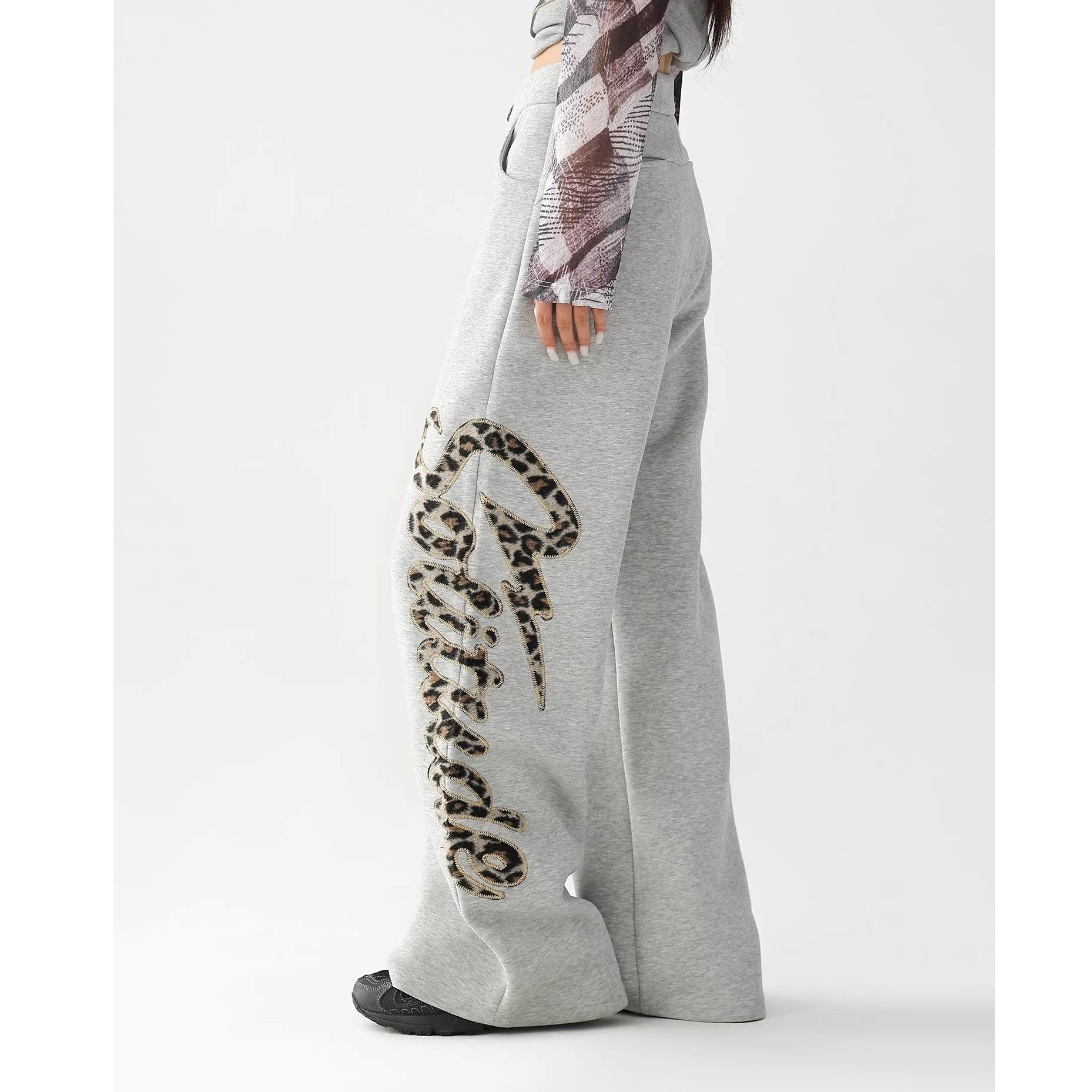Leopard Print Embroidered Straight Loose Sweat Pants AC7022
