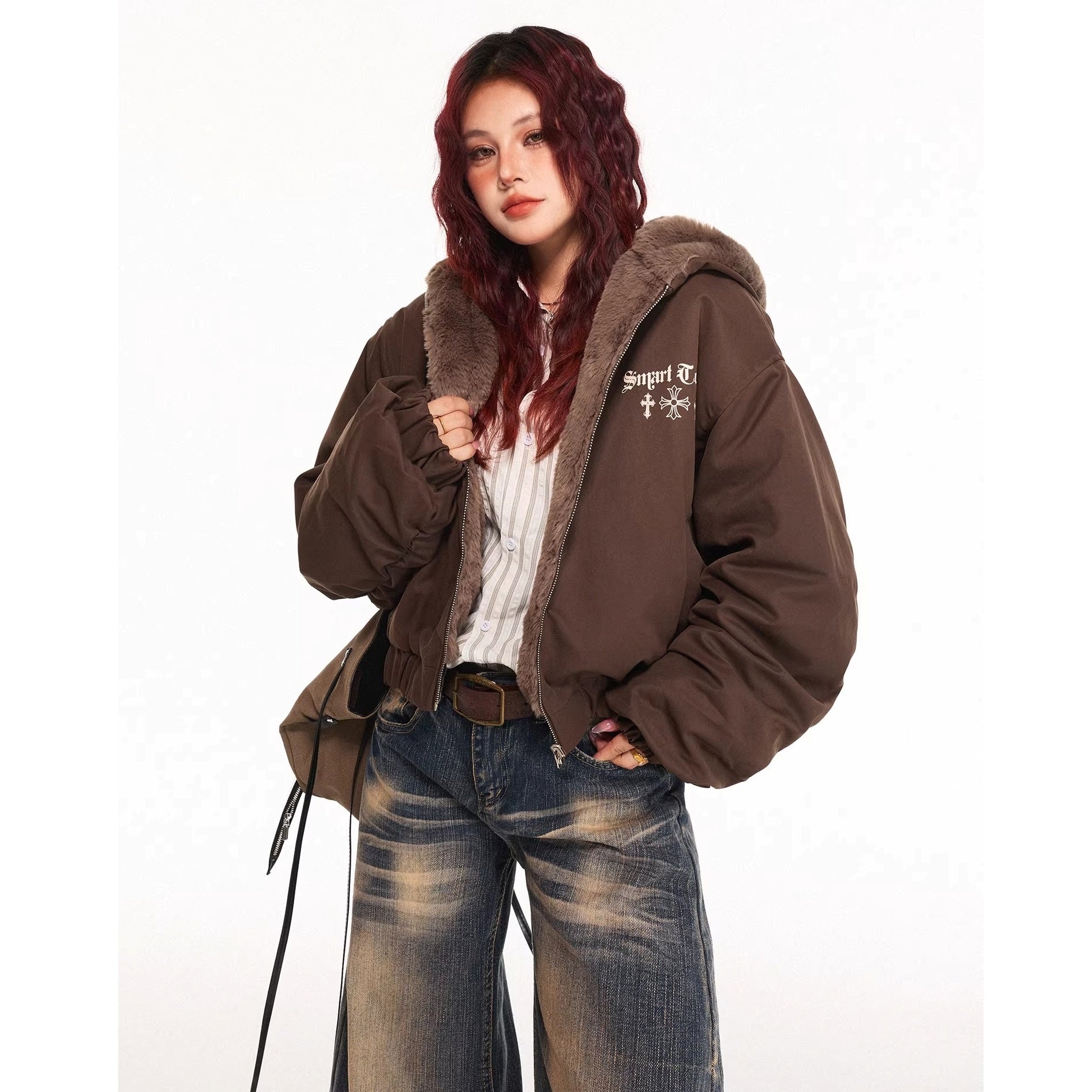 Reversible Cross Print Fur Hooded Jacket MW10315