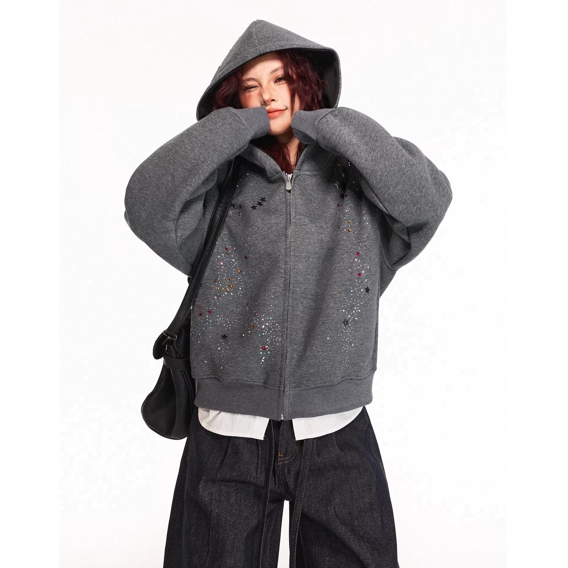 Rhinestone Design Zip Sweat Hoodie Jacket MW10314