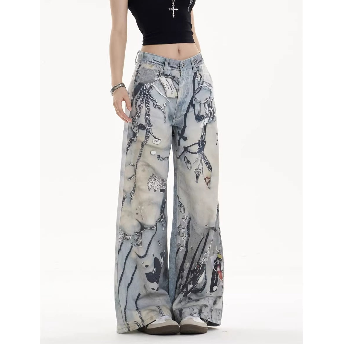 Chain Tag Graffiti Printed Washed Wide-leg Jeans MW10308