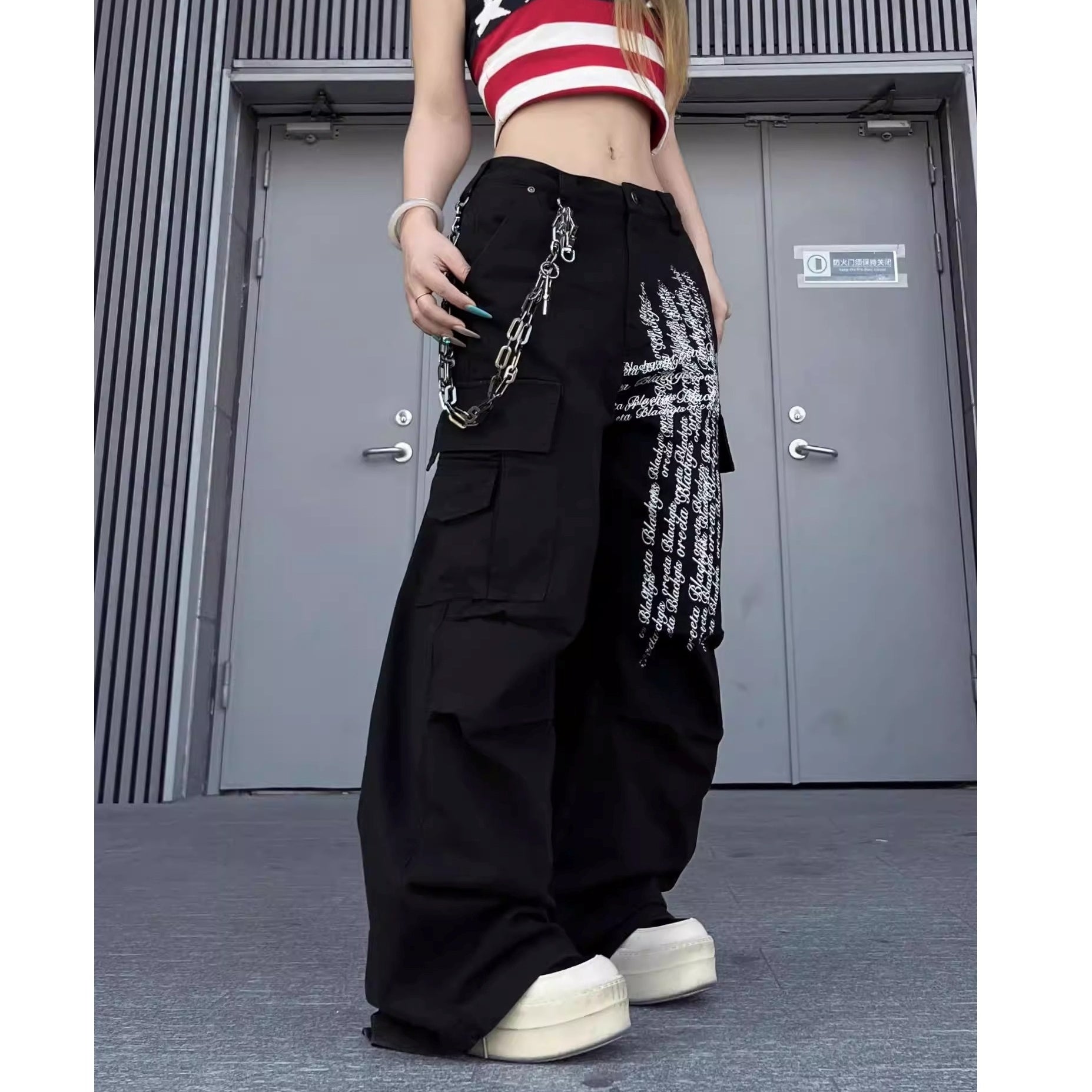 Letter Print Damage Pleats Cargo Pants MW10343