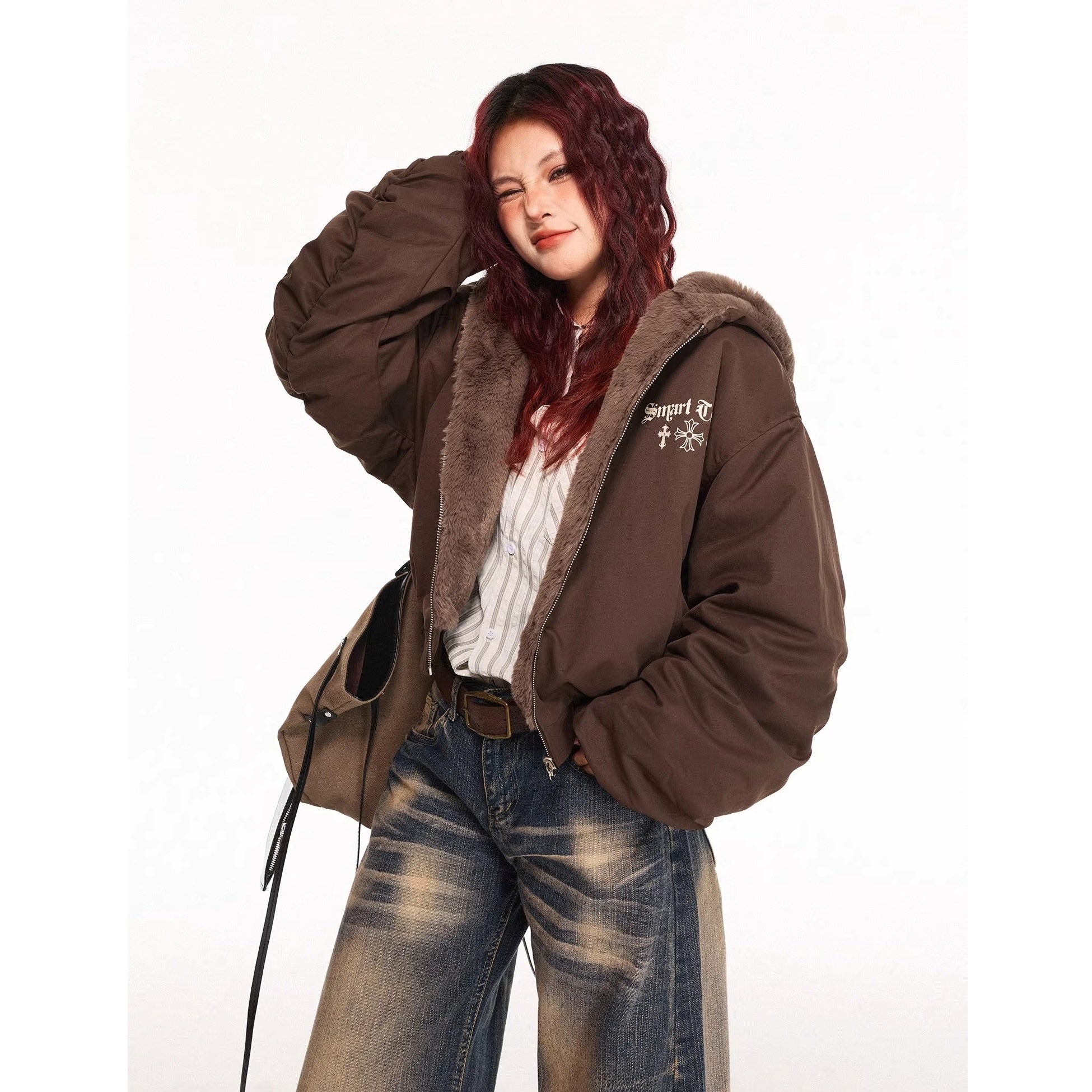 Reversible Cross Print Fur Hooded Jacket MW10315