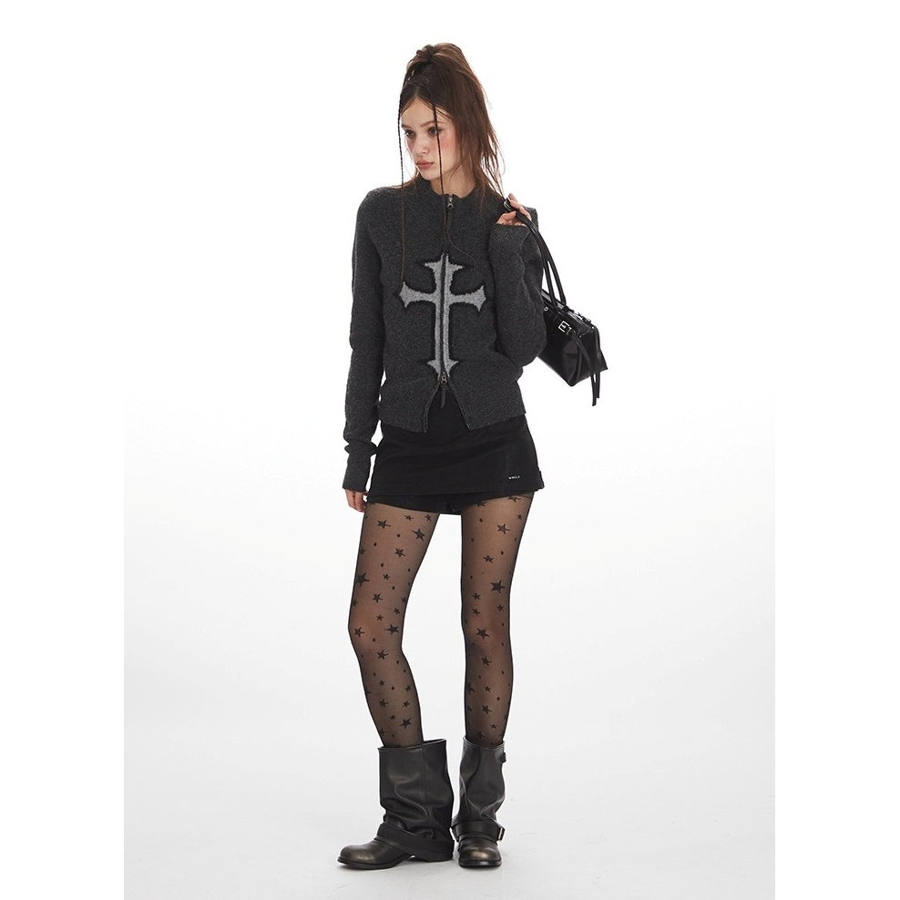 Cross Jacquard Short Knit Zip Cardigan NR7011