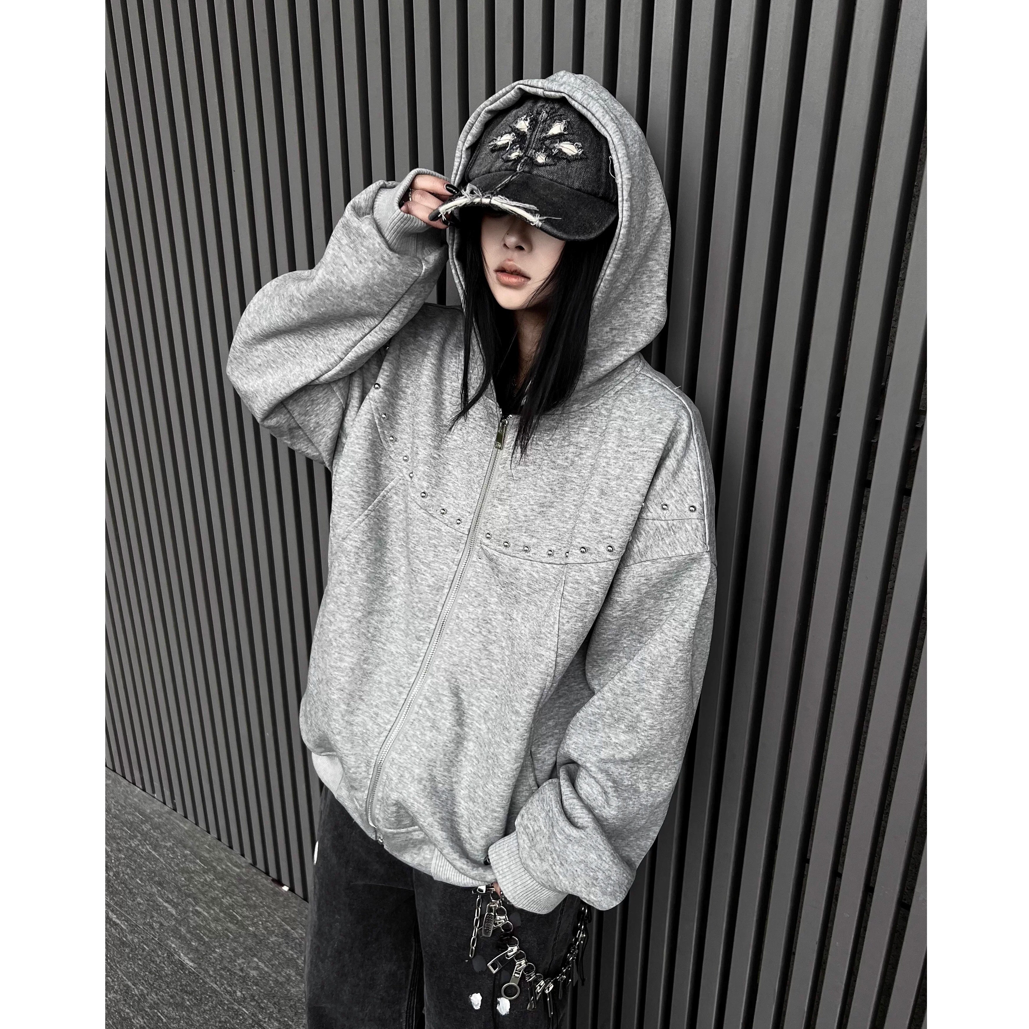 Studded Design Washed Hooded Sweat MW10346