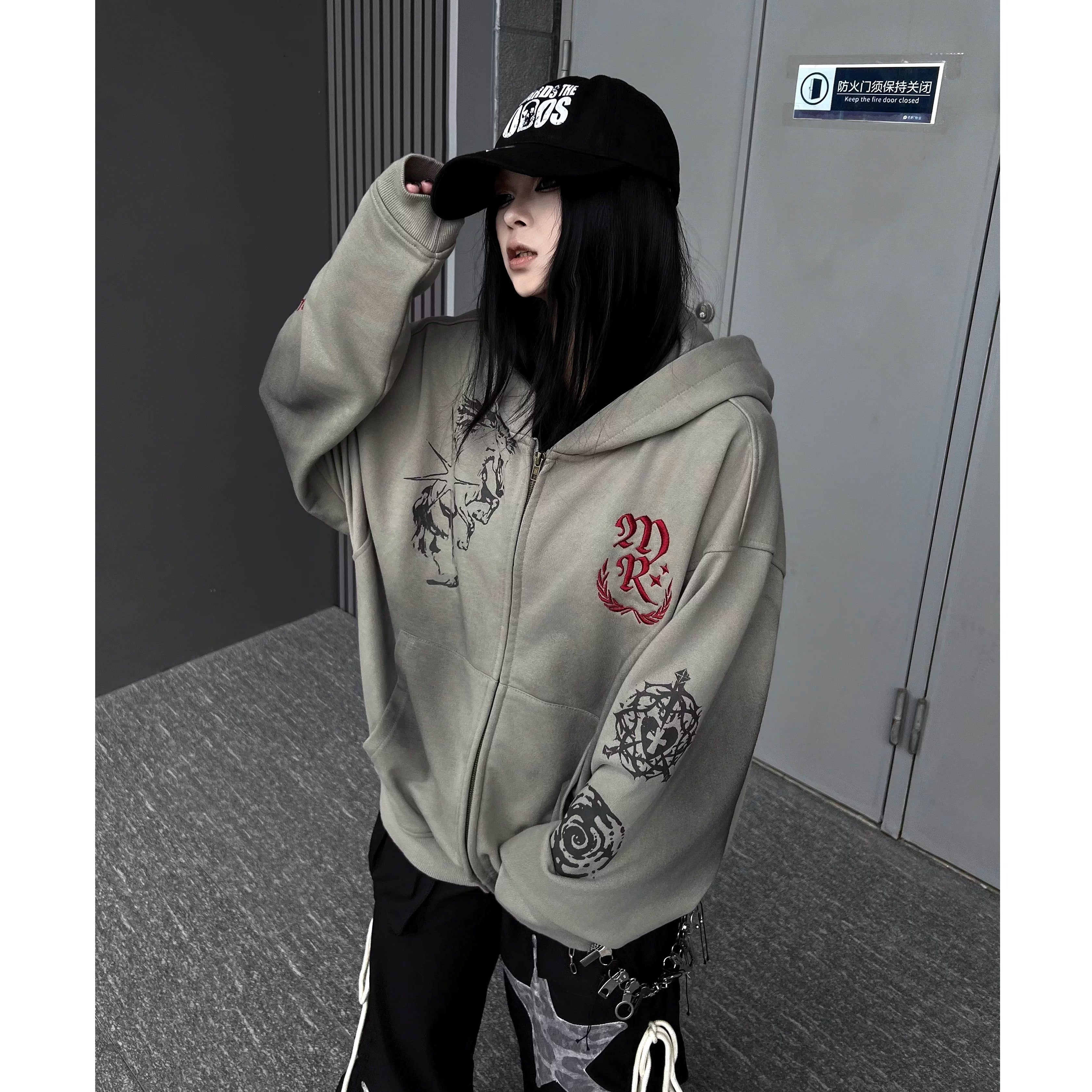 Dirty Washed Embroidery Zipper Hooded Parka MW10352