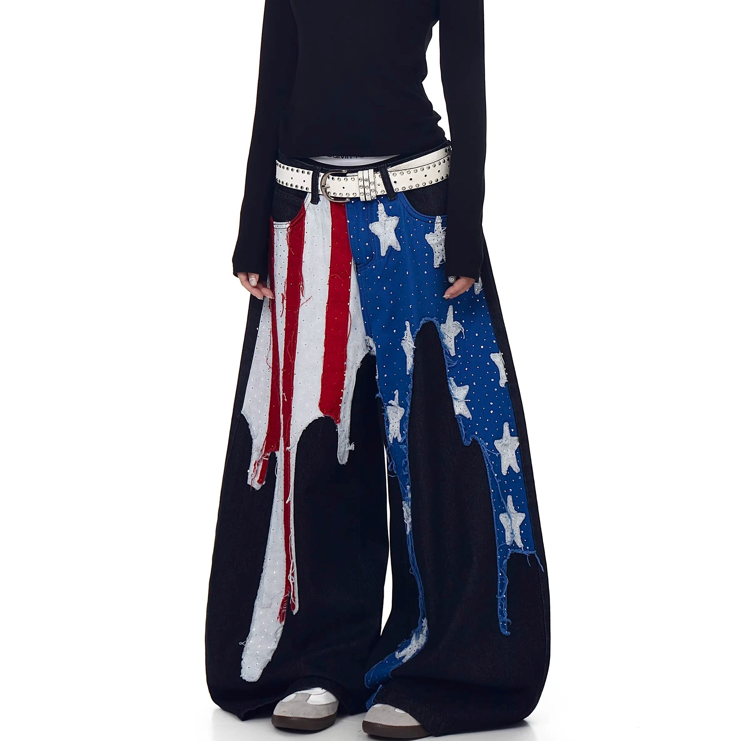 Fflag Patch Rhinestone Wide Curve Jeans BK7066