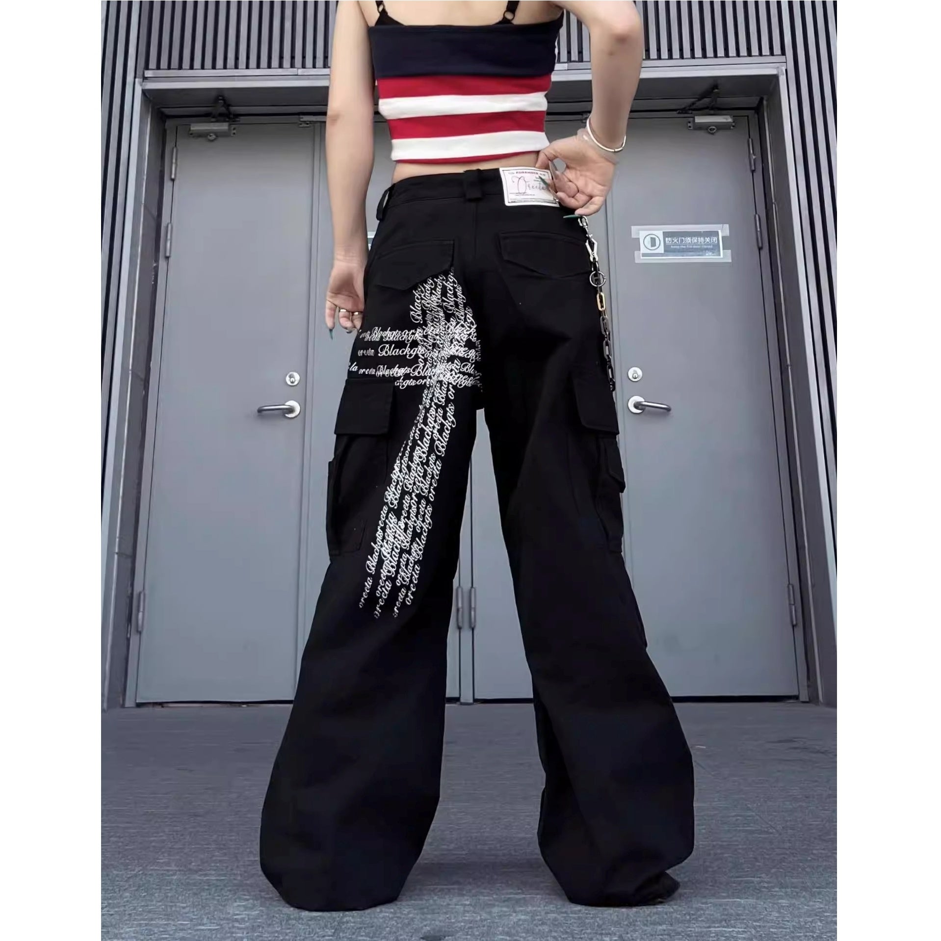 Letter Print Damage Pleats Cargo Pants MW10343