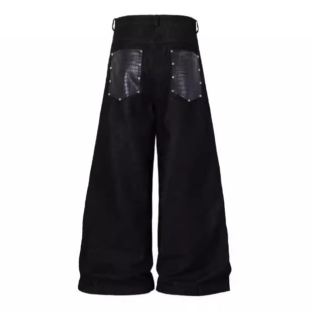 Deconstruction Studs Leather Patchwork Wide-leg Jeans MW10347