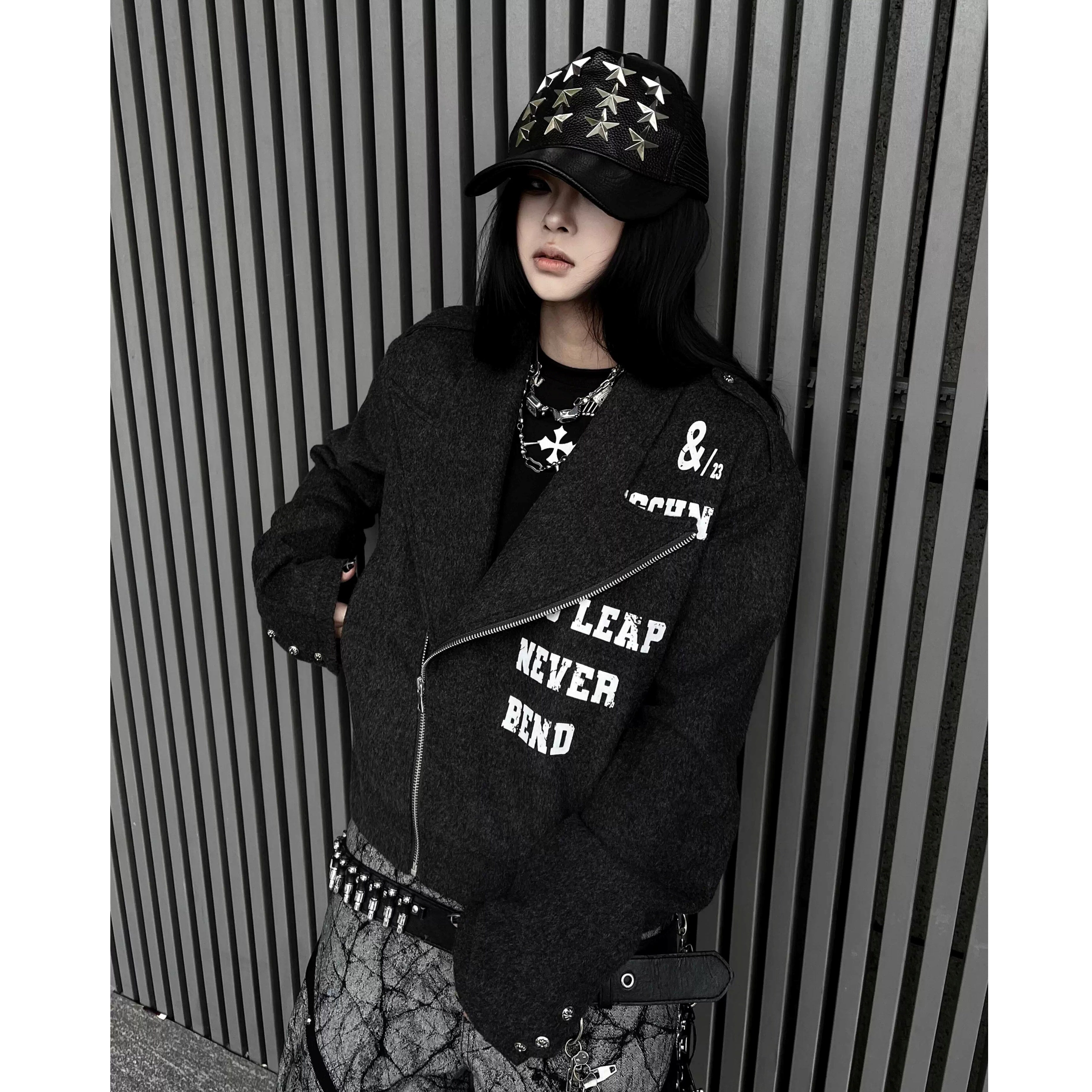 Letter Print Riders Style Jacket MW10349