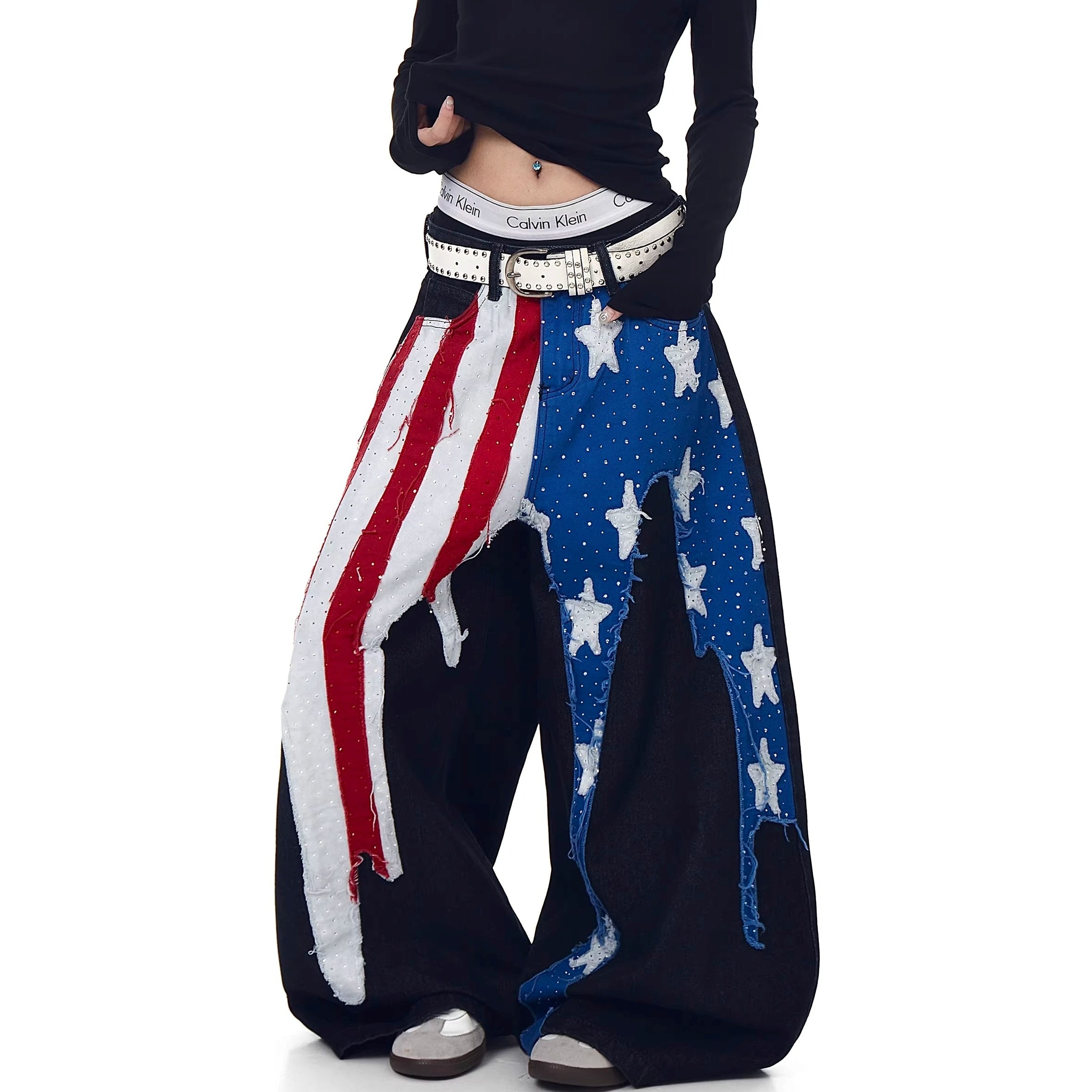 Fflag Patch Rhinestone Wide Curve Jeans BK7066