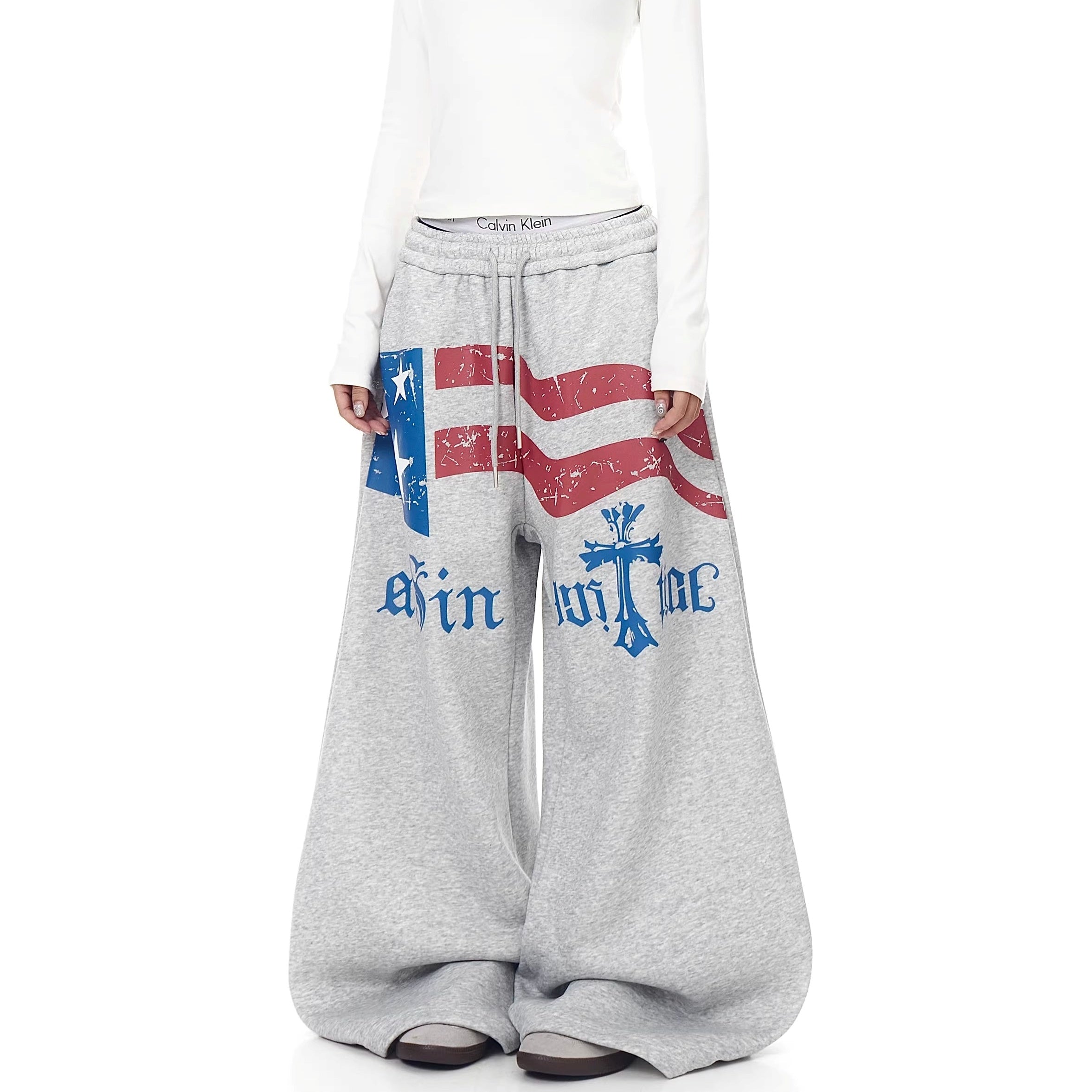 Flag Print Wide Sweat Curve Pants BK7067