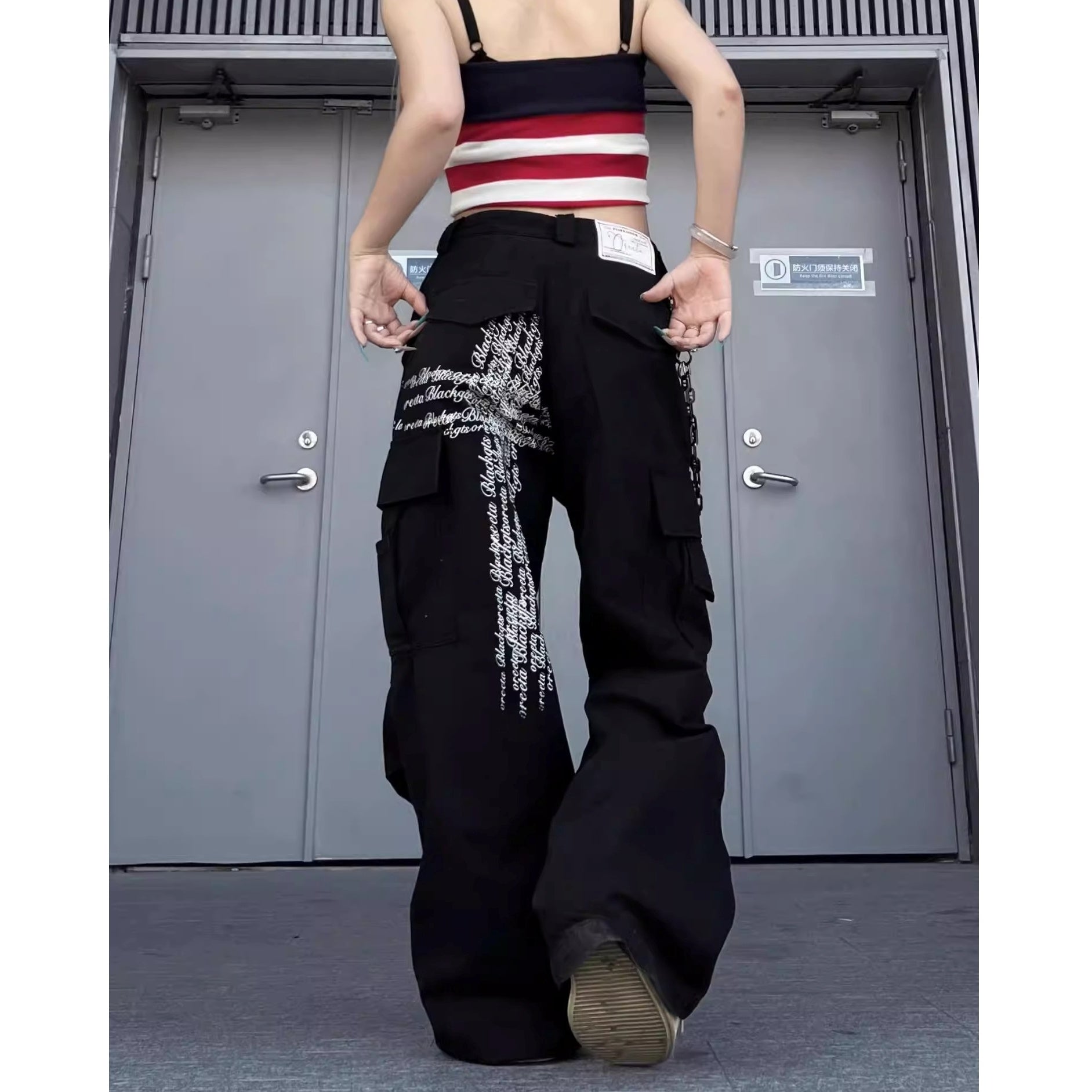 Letter Print Damage Pleats Cargo Pants MW10343