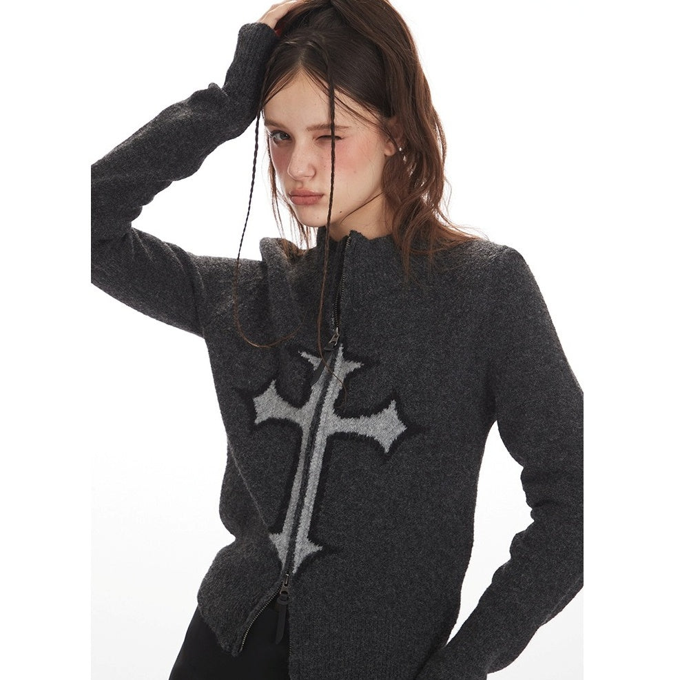 Cross Jacquard Short Knit Zip Cardigan NR7011