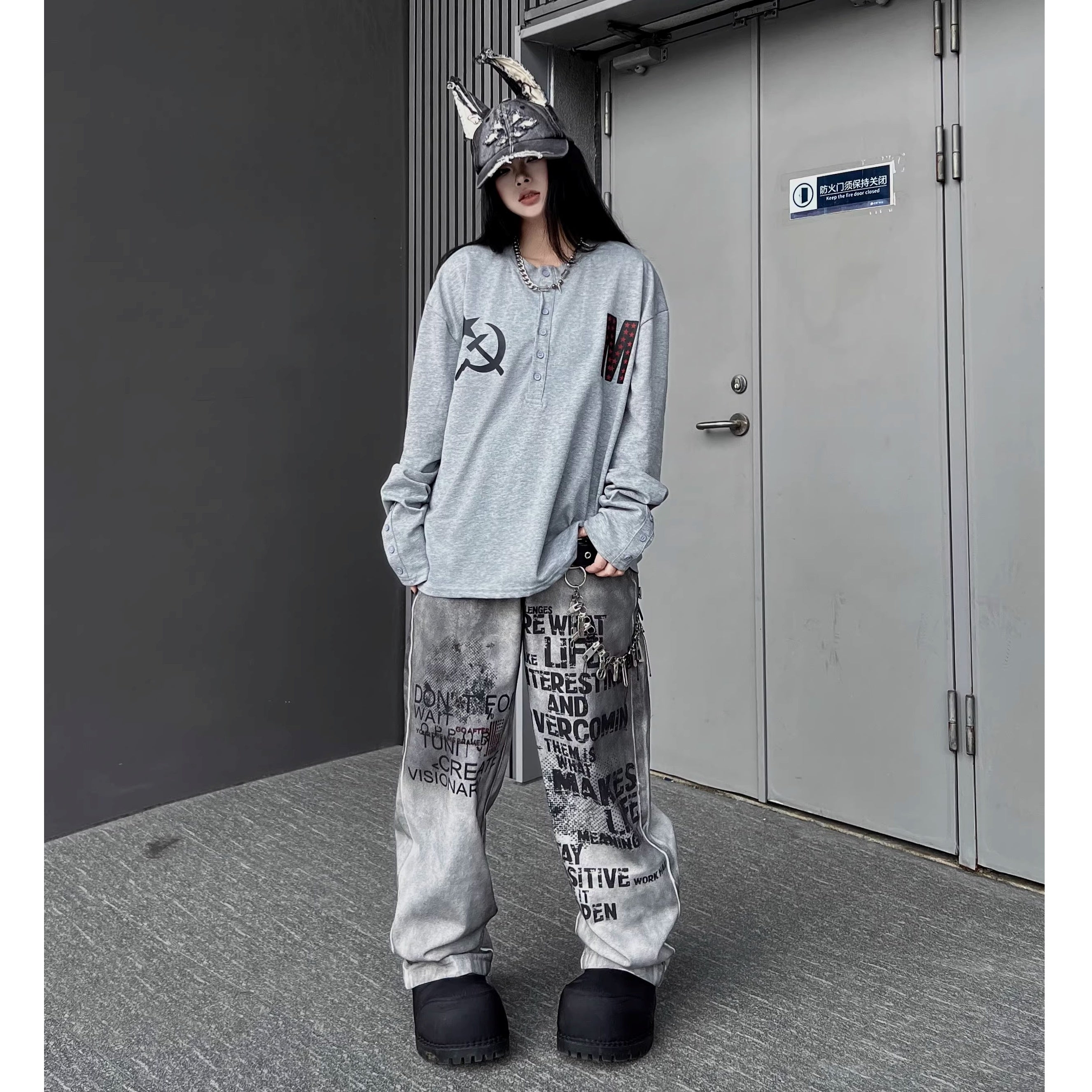 Stained Letter Star Graffiti Print Wide-leg Pants MW10355