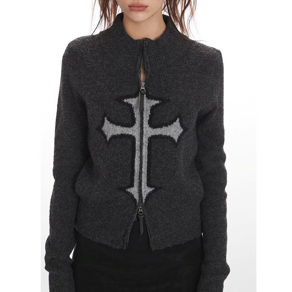 Cross Jacquard Short Knit Zip Cardigan NR7011