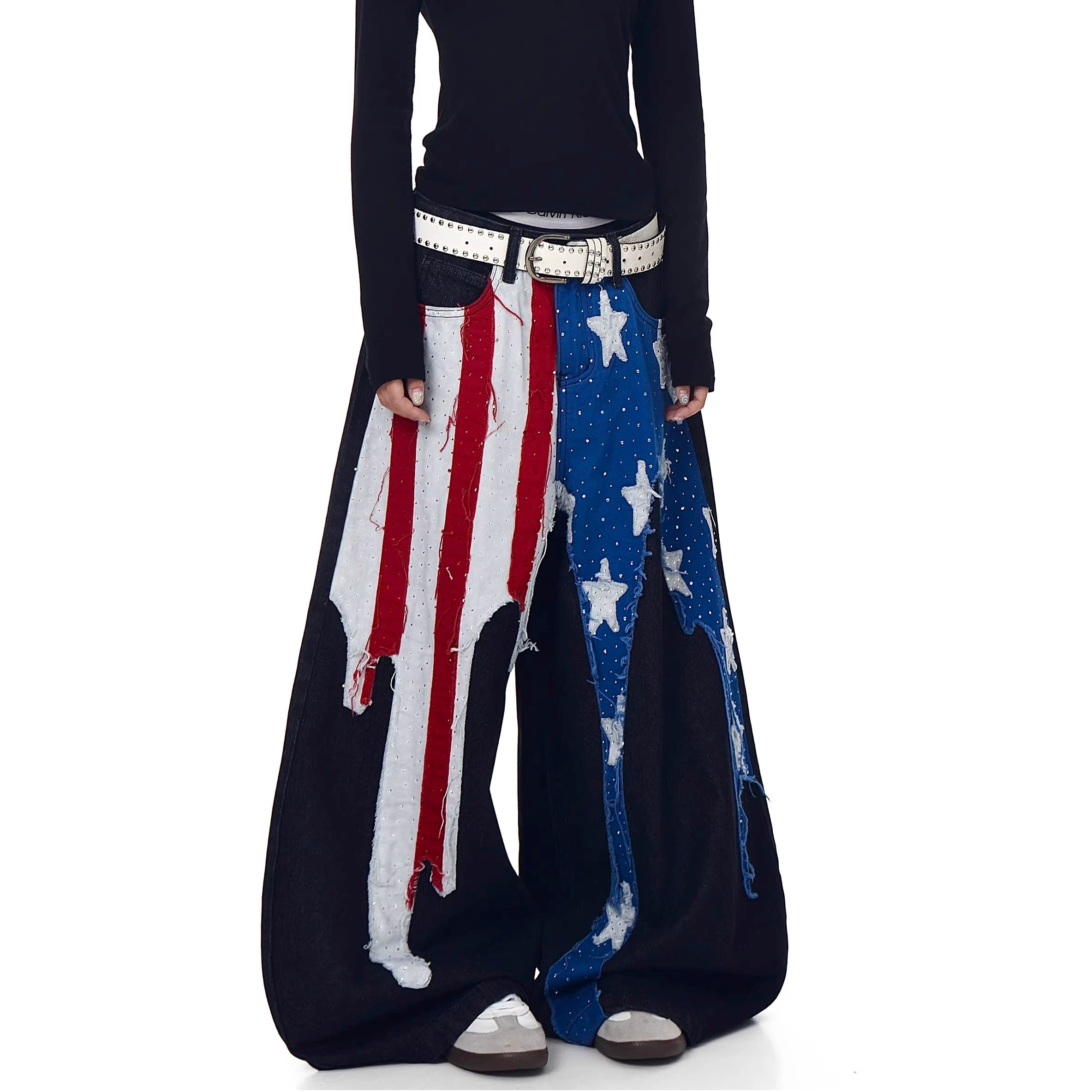 Fflag Patch Rhinestone Wide Curve Jeans BK7066