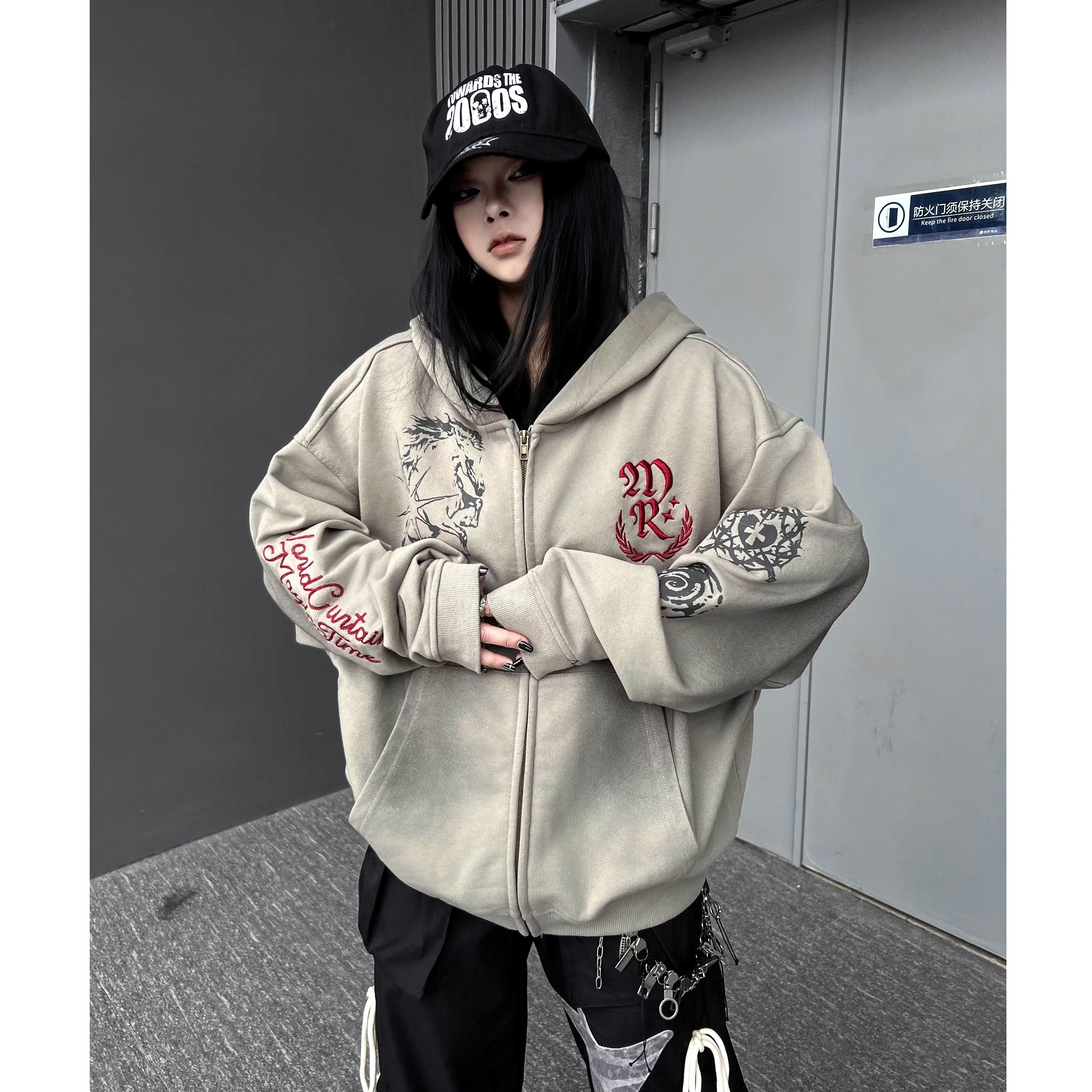 Dirty Washed Embroidery Zipper Hooded Parka MW10352