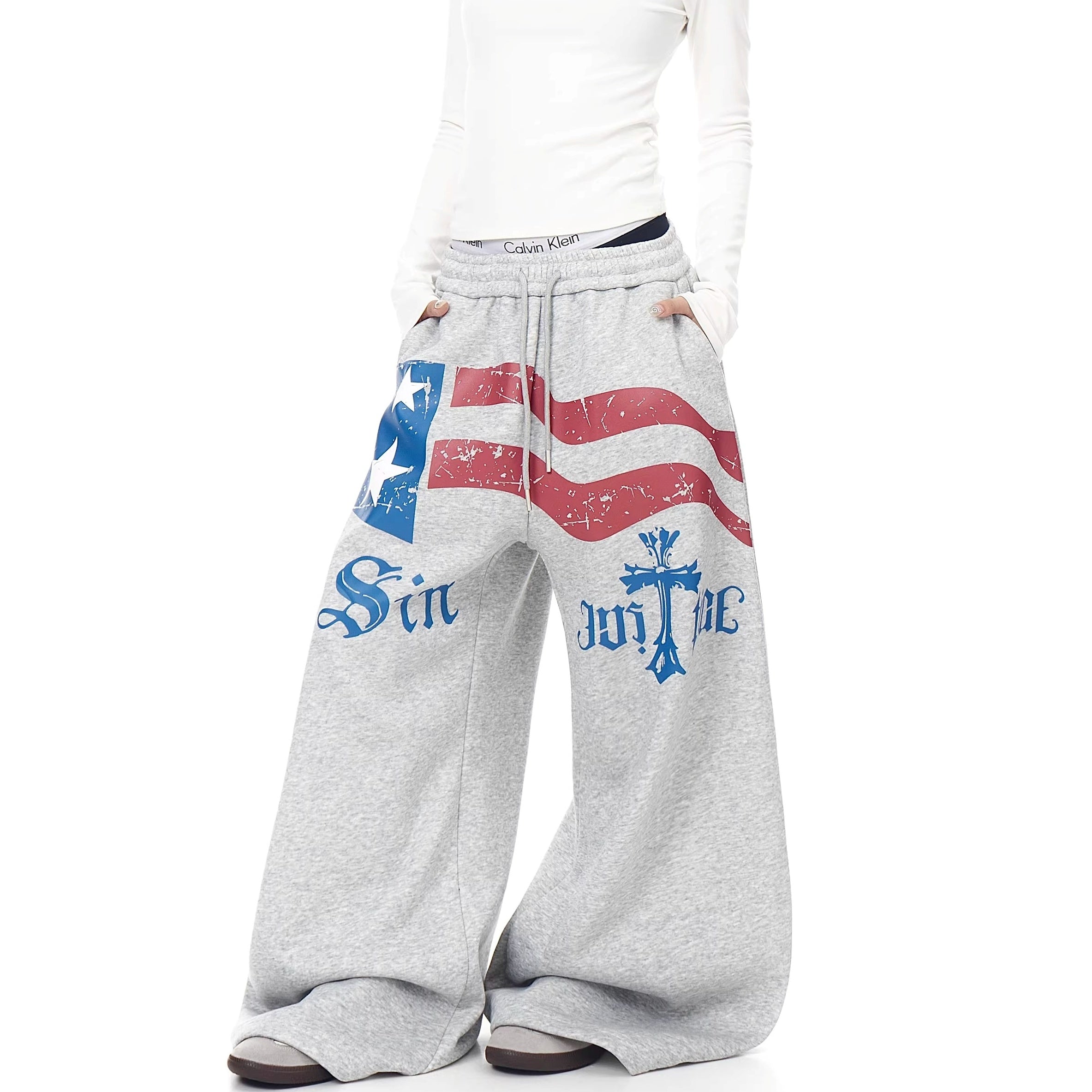 Flag Print Wide Sweat Curve Pants BK7067