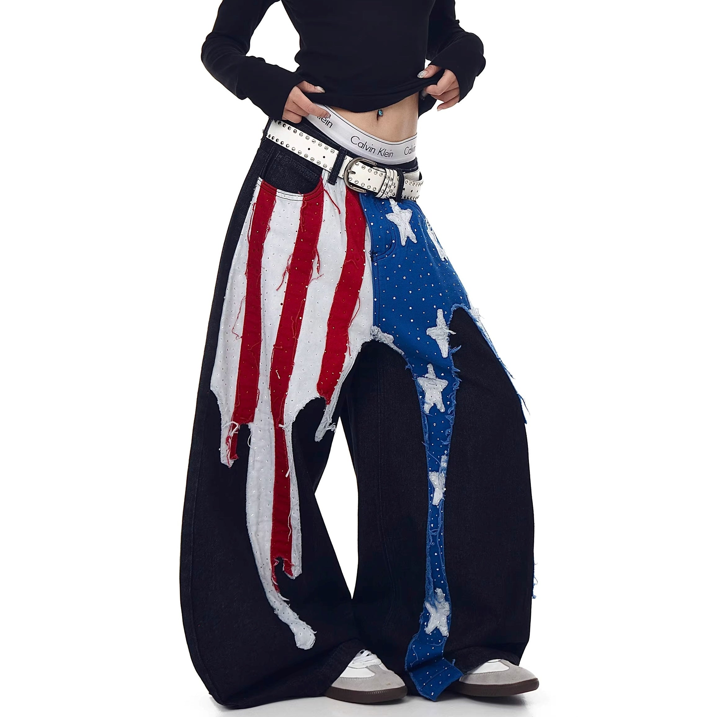 Fflag Patch Rhinestone Wide Curve Jeans BK7066