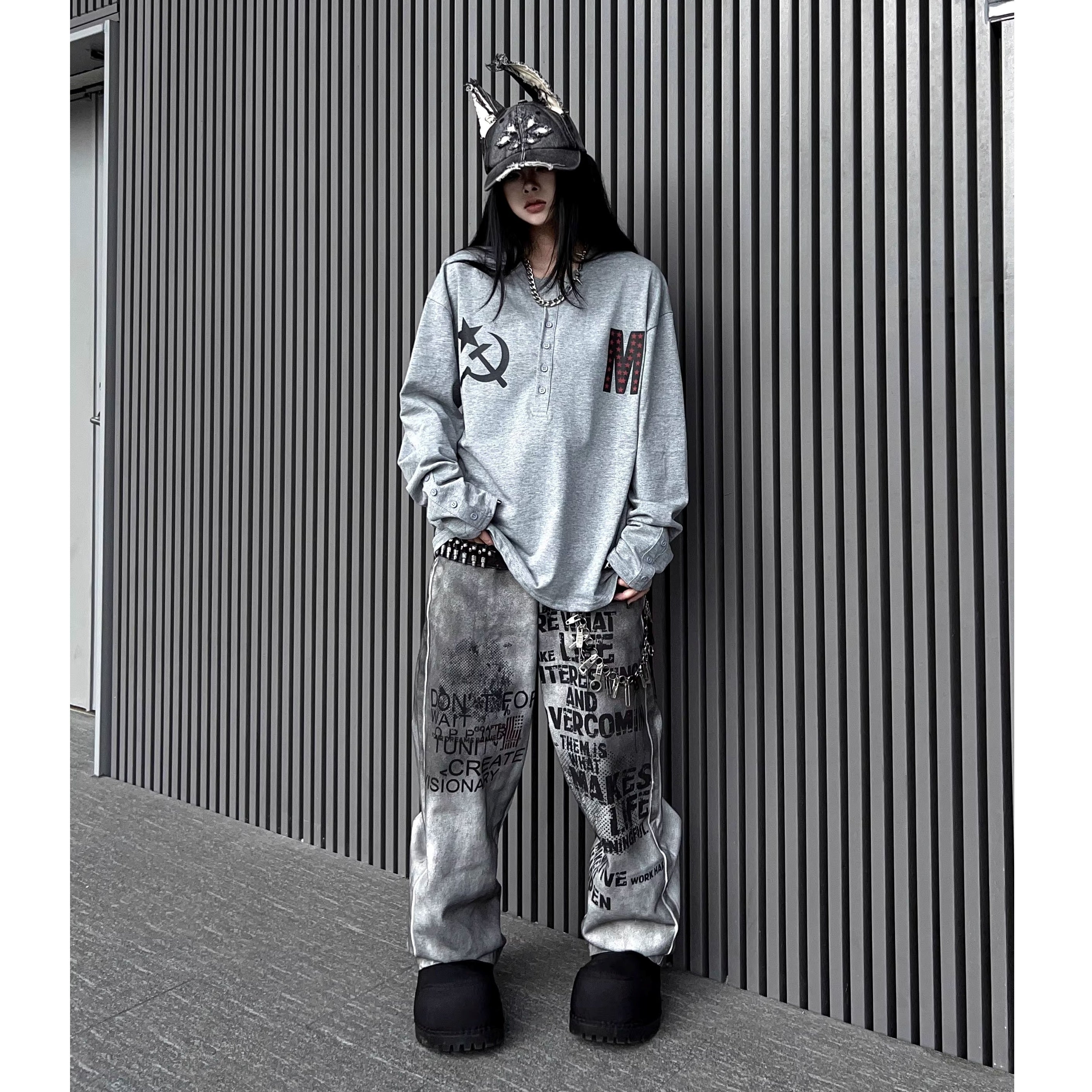 Stained Letter Star Graffiti Print Wide-leg Pants MW10355